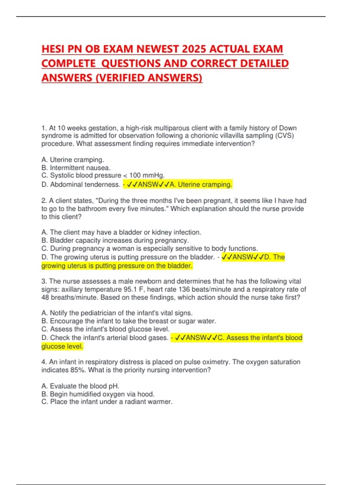 HESI PN OB EXAM NEWEST 2025 ACTUAL EXAM COMPLETE QUESTIONS AND CORRECT ...