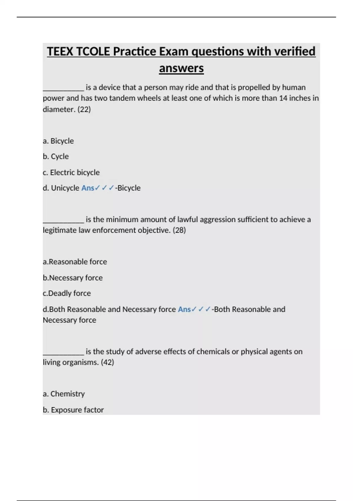 TEEX TCOLE Practice Exam questions with verified answers. - TExES ...