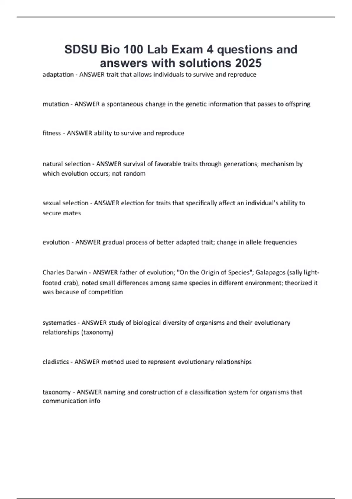 SDSU Bio 100 Lab Exam 4 questions and answers with solutions 2025 ...