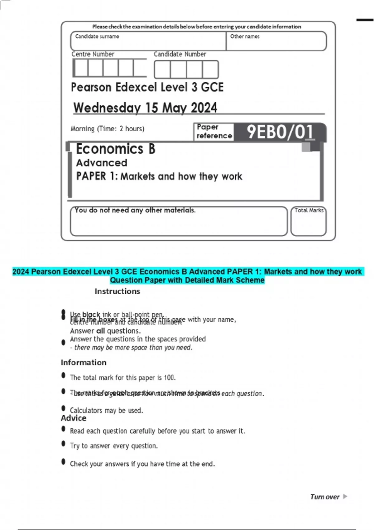 2024 Pearson Edexcel Level 3 GCE Economics B Advanced PAPER 1: Markets ...