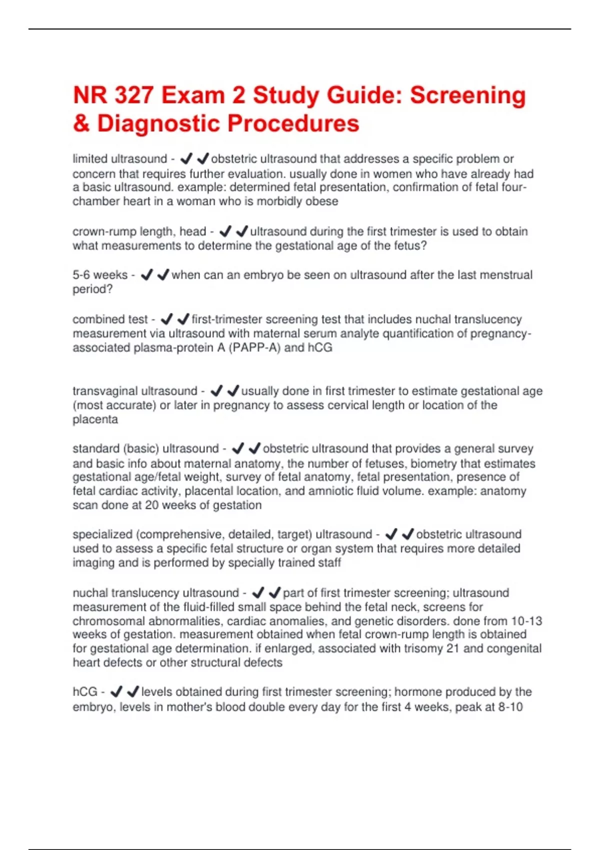 NR 327 Exam 2 Study Guide: Screening & Diagnostic Procedures Questions ...