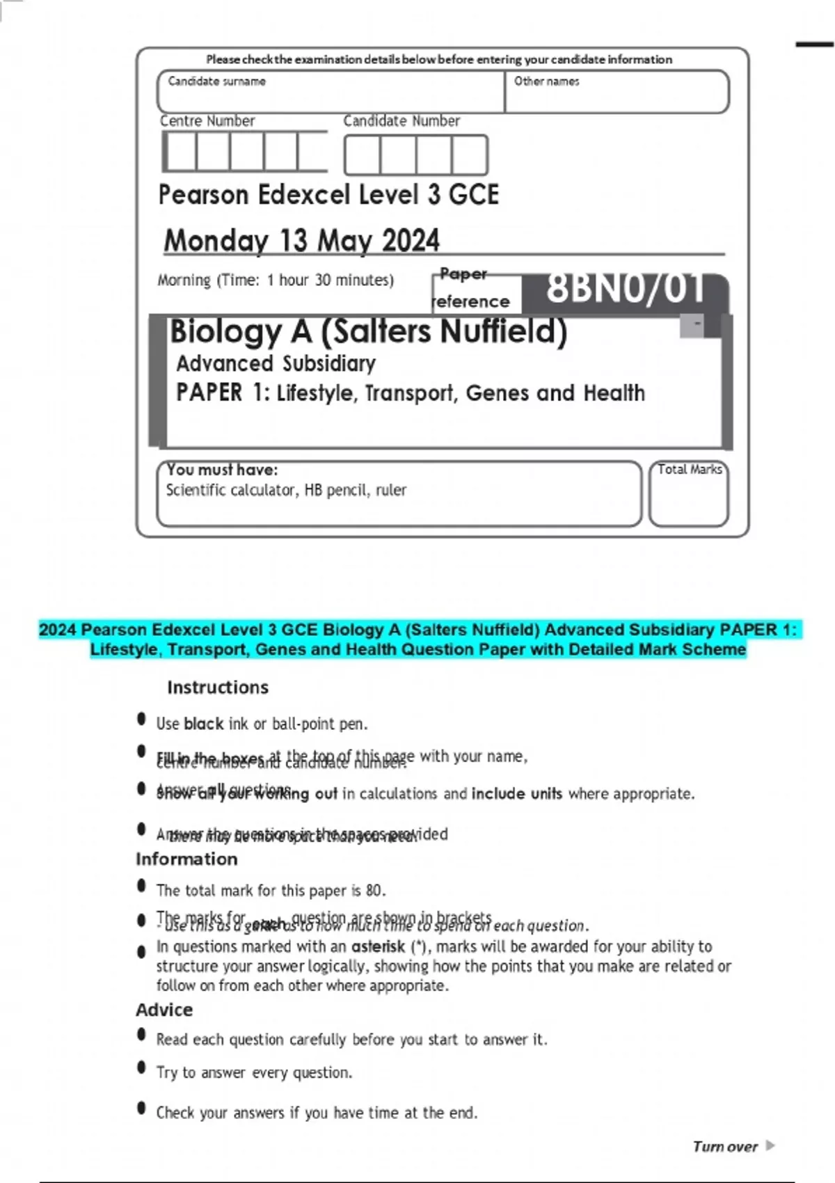 2024 Pearson Edexcel Level 3 GCE Biology A (Salters Nuffield) Advanced ...