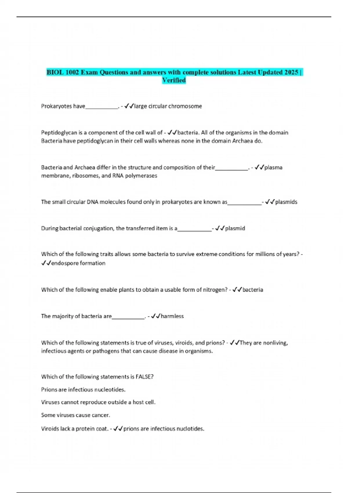BIOL 1002 Exam Questions and answers with complete solutions Latest ...