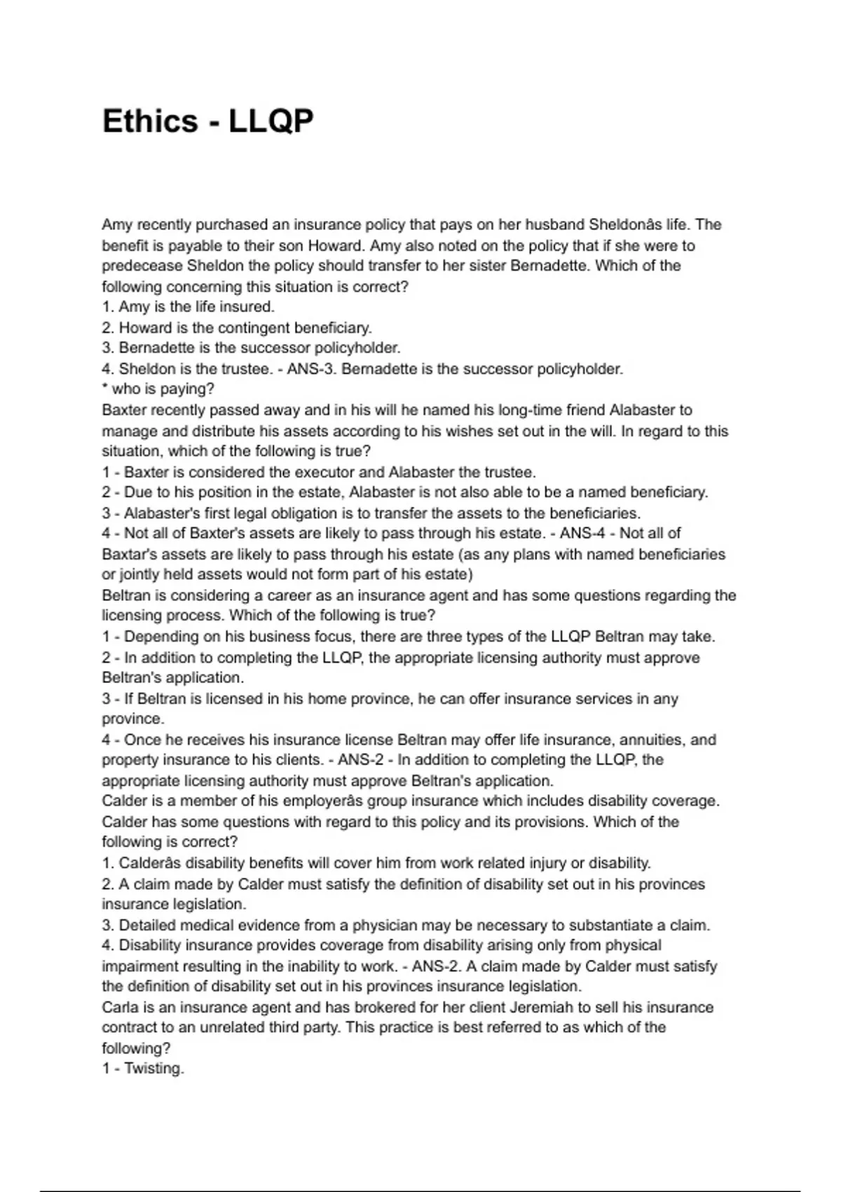 Ethics - LLQP QUESTIONS AND CORRECT DETAILED ANSWERS WITH RATIONALES ...