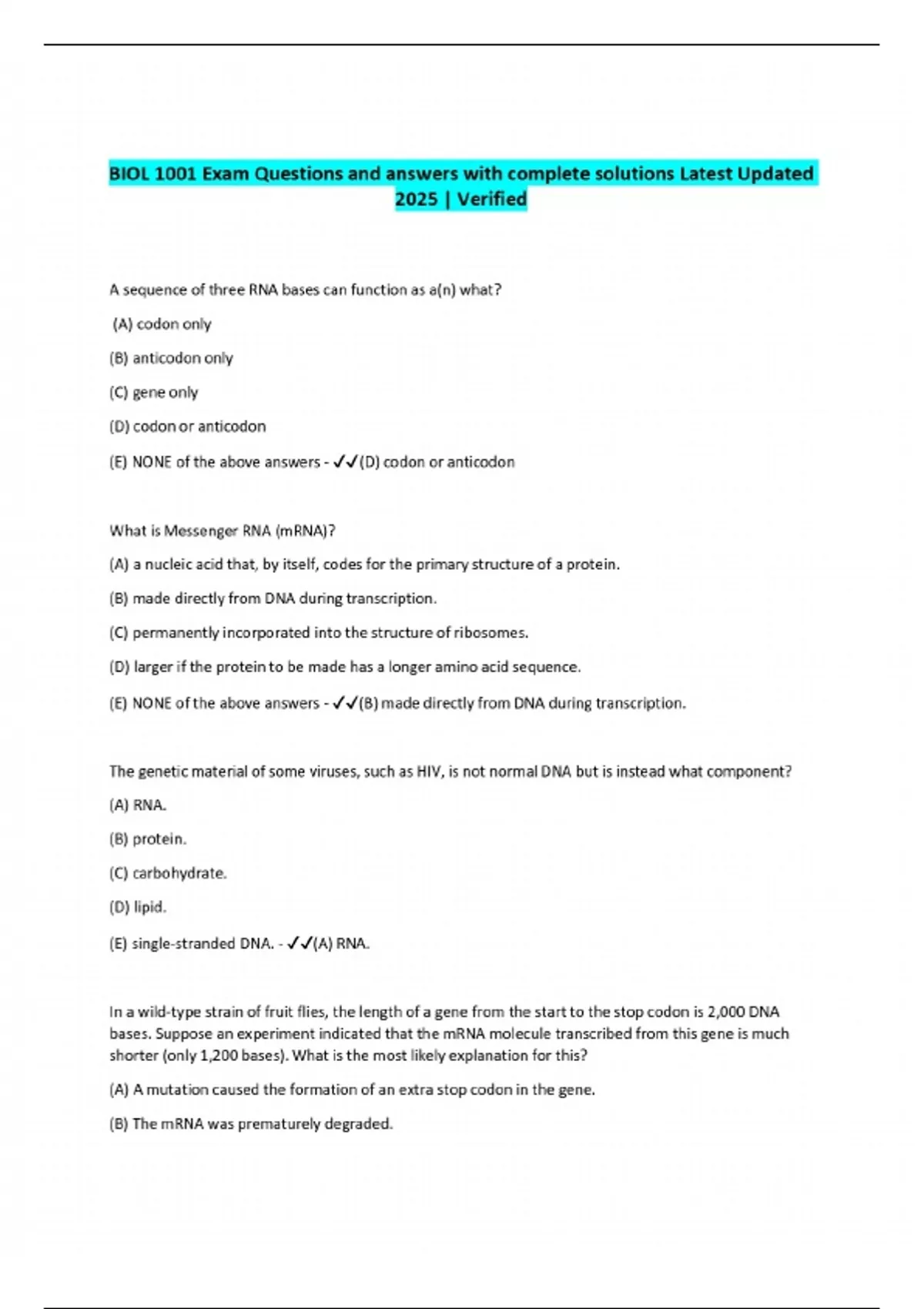 BIOL 1001 Exam Questions and answers with complete solutions Latest ...