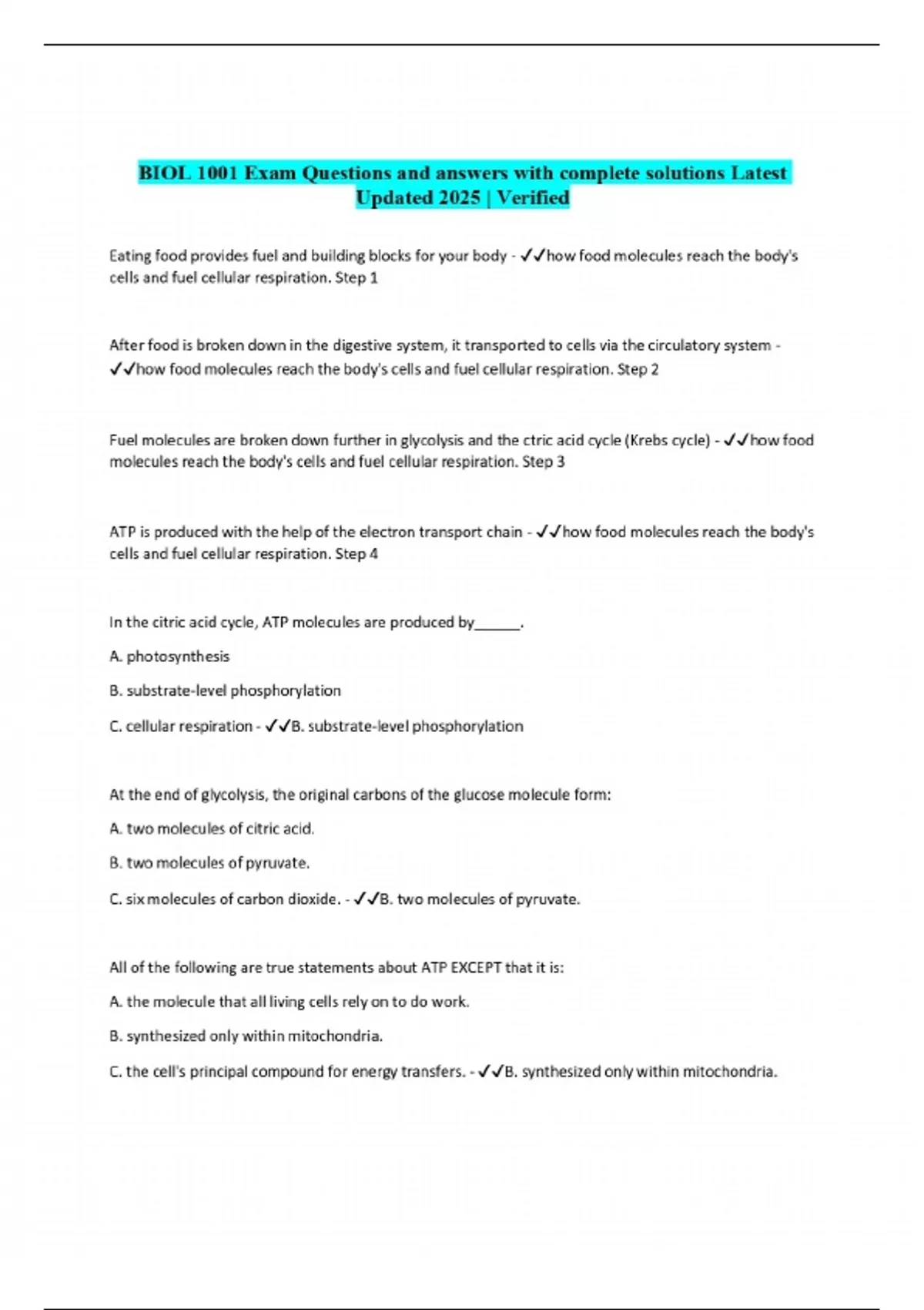 BIOL 1001 Exam Questions and answers with complete solutions Latest ...
