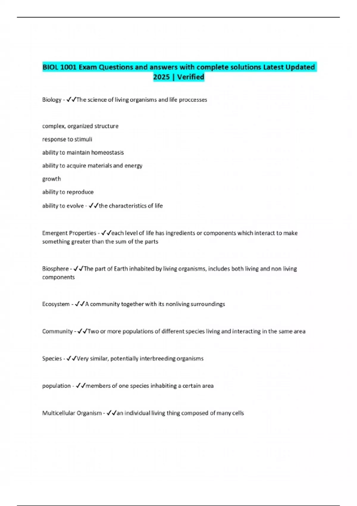 BIOL 1001 Exam Questions and answers with complete solutions Latest ...