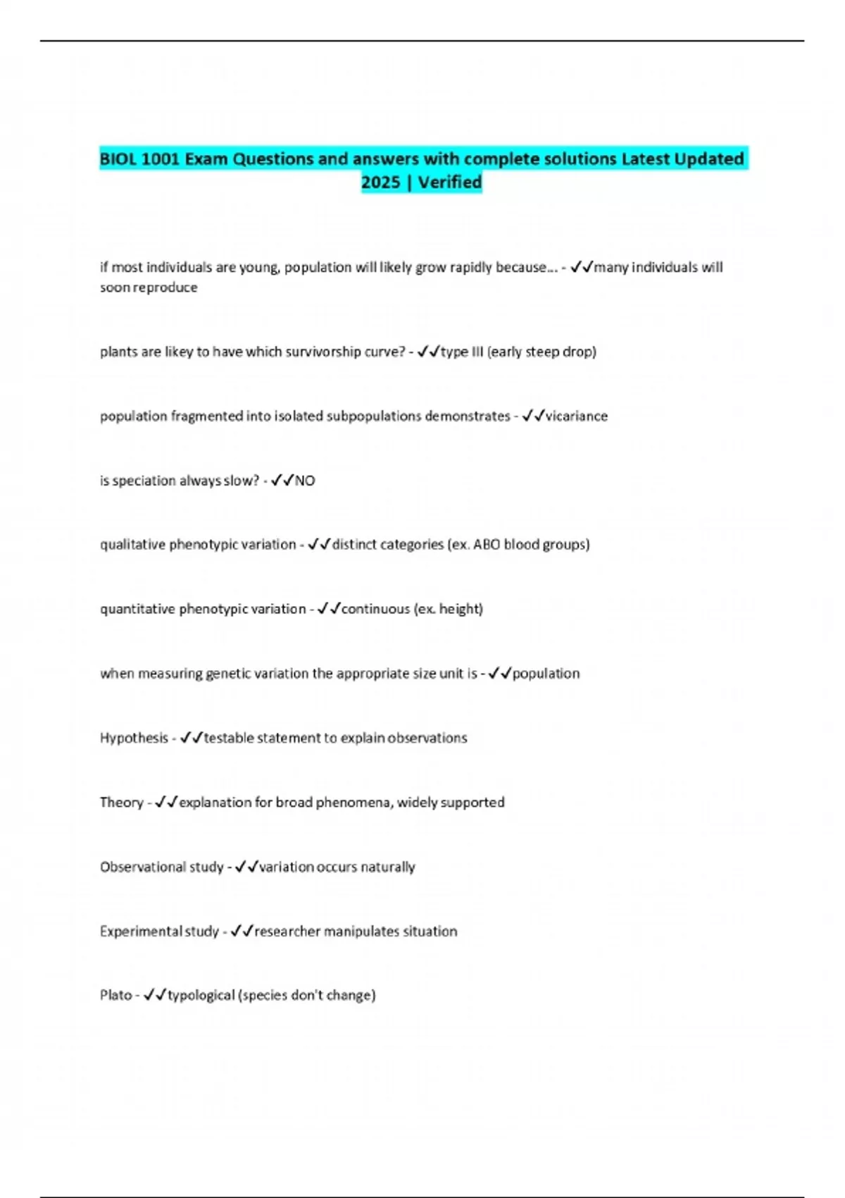 BIOL 1001 Exam Questions and answers with complete solutions Latest ...