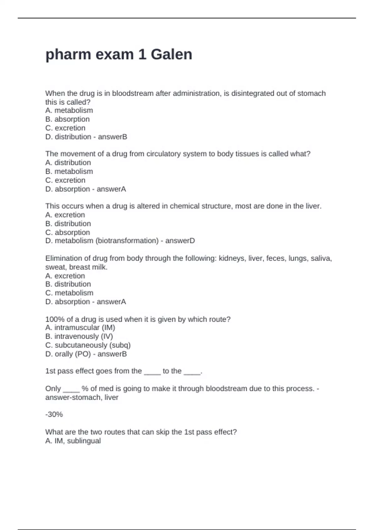 pharm exam 1 Galen Questions with Correct Answers - Galen NUR 210 ...