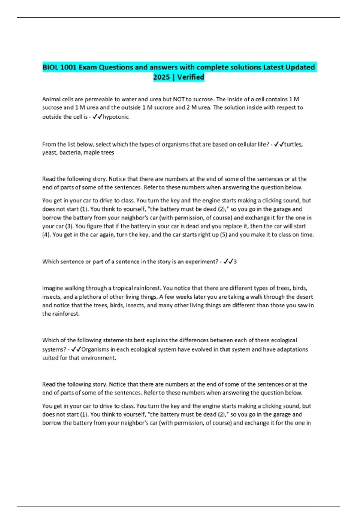 BIOL 1001 Exam Questions and answers with complete solutions Latest ...