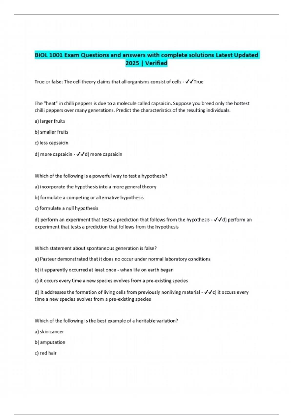 BIOL 1001 Exam Questions and answers with complete solutions Latest ...