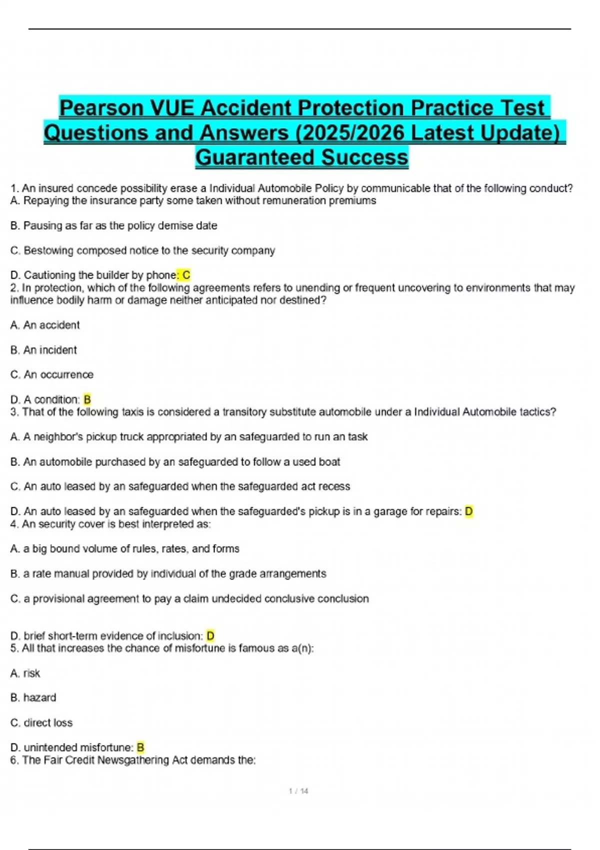 Pearson VUE Accident Protection Practice Test Questions and Answers (2025/2026 Latest Update ...