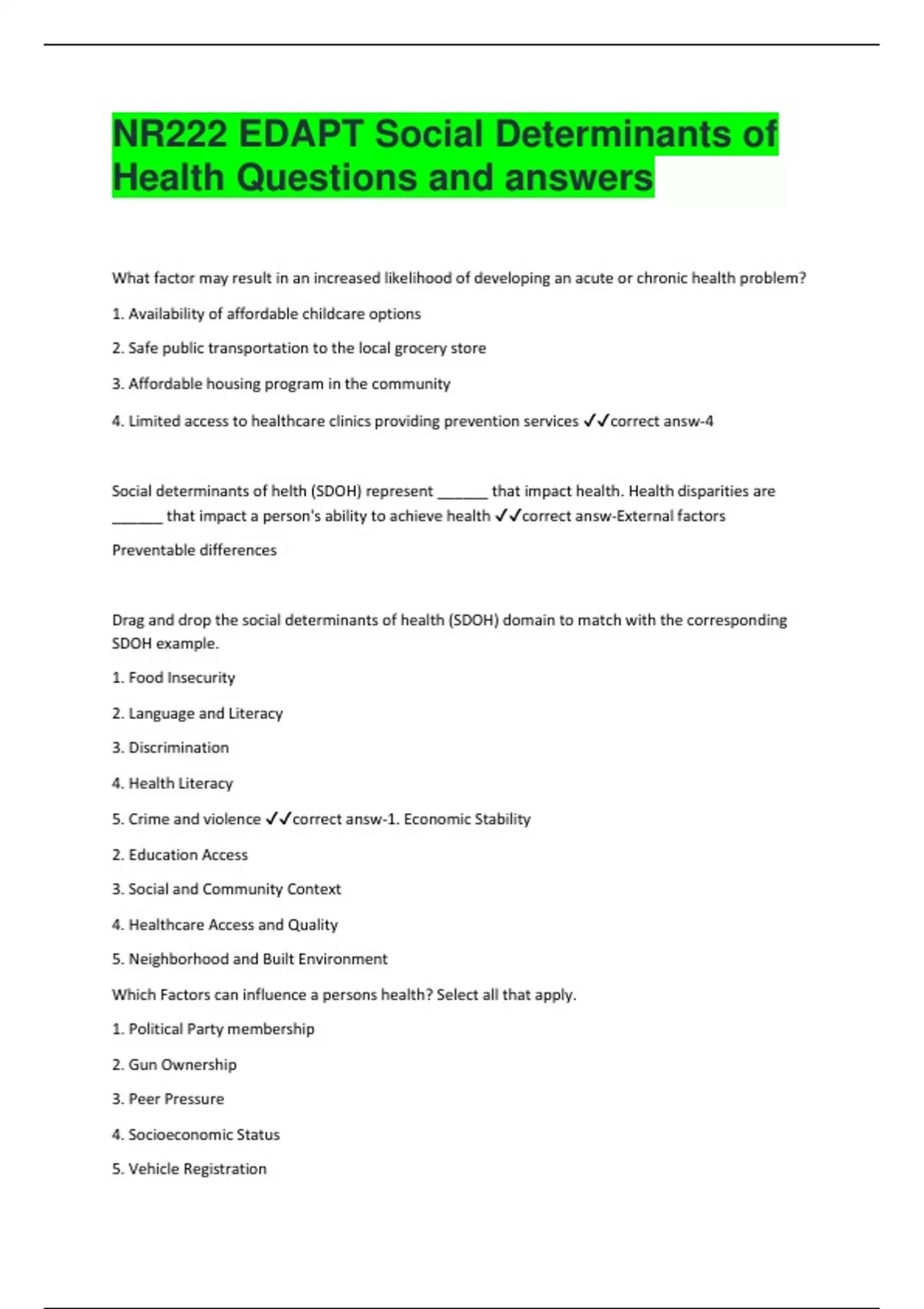NR222 EDAPT Social Determinants of Health Questions and answers - NR222 ...