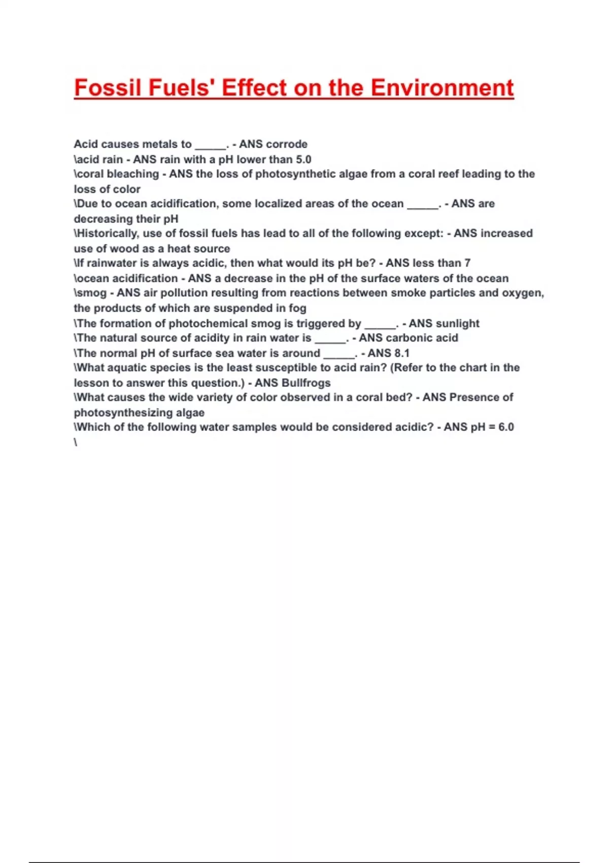 Fossil Fuels' Effect on the Environment Exam 2025/2026 Questions With ...