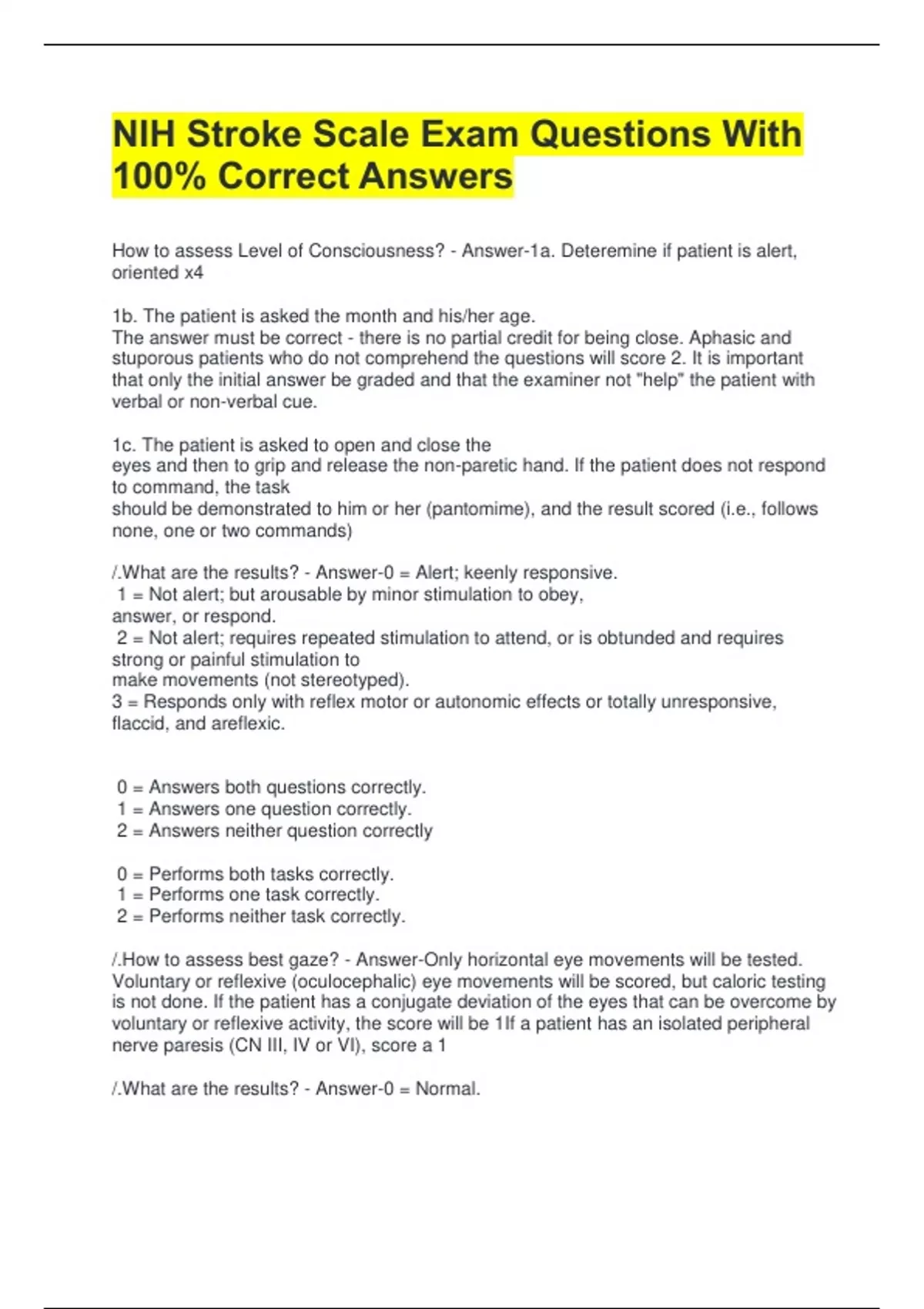 Nih Stroke Scale Exam Questions With 100 Correct Answers Nih Stroke