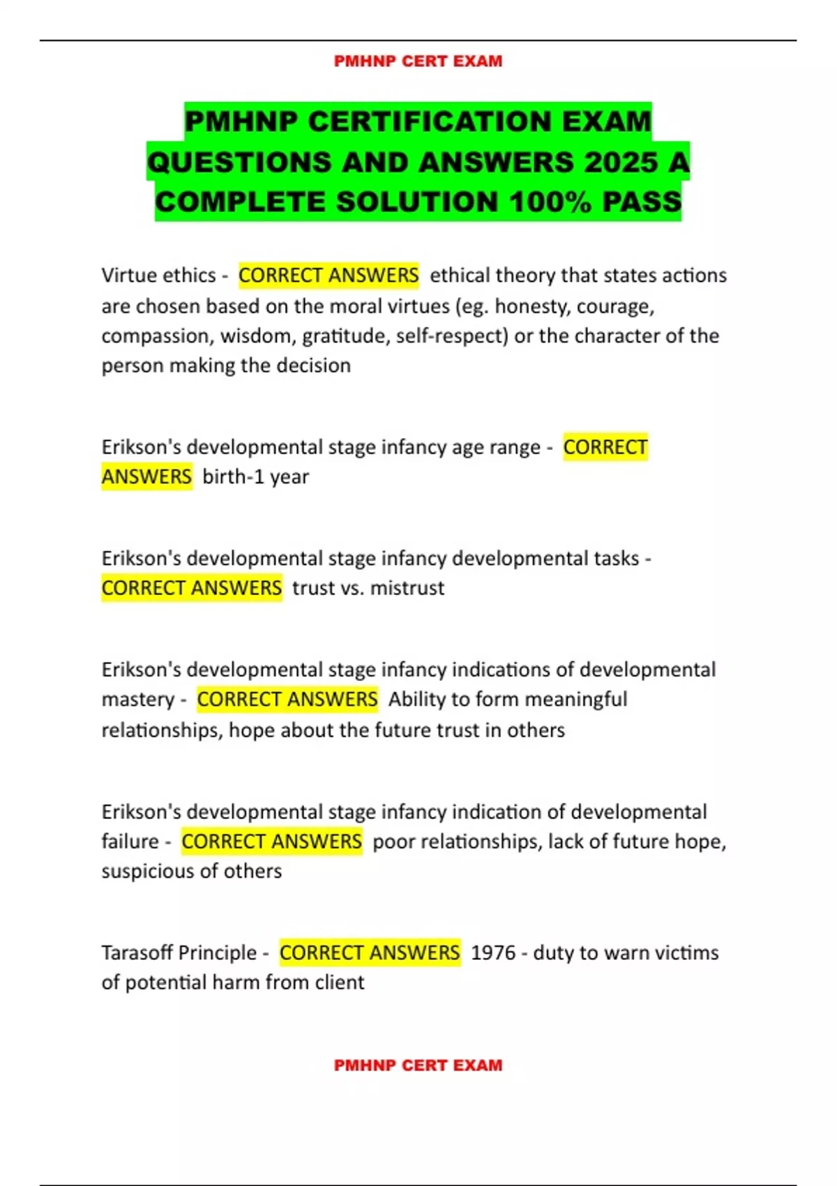 PMHNP CERTIFICATION EXAM QUESTIONS AND ANSWERS 2025 A COMPLETE SOLUTION ...
