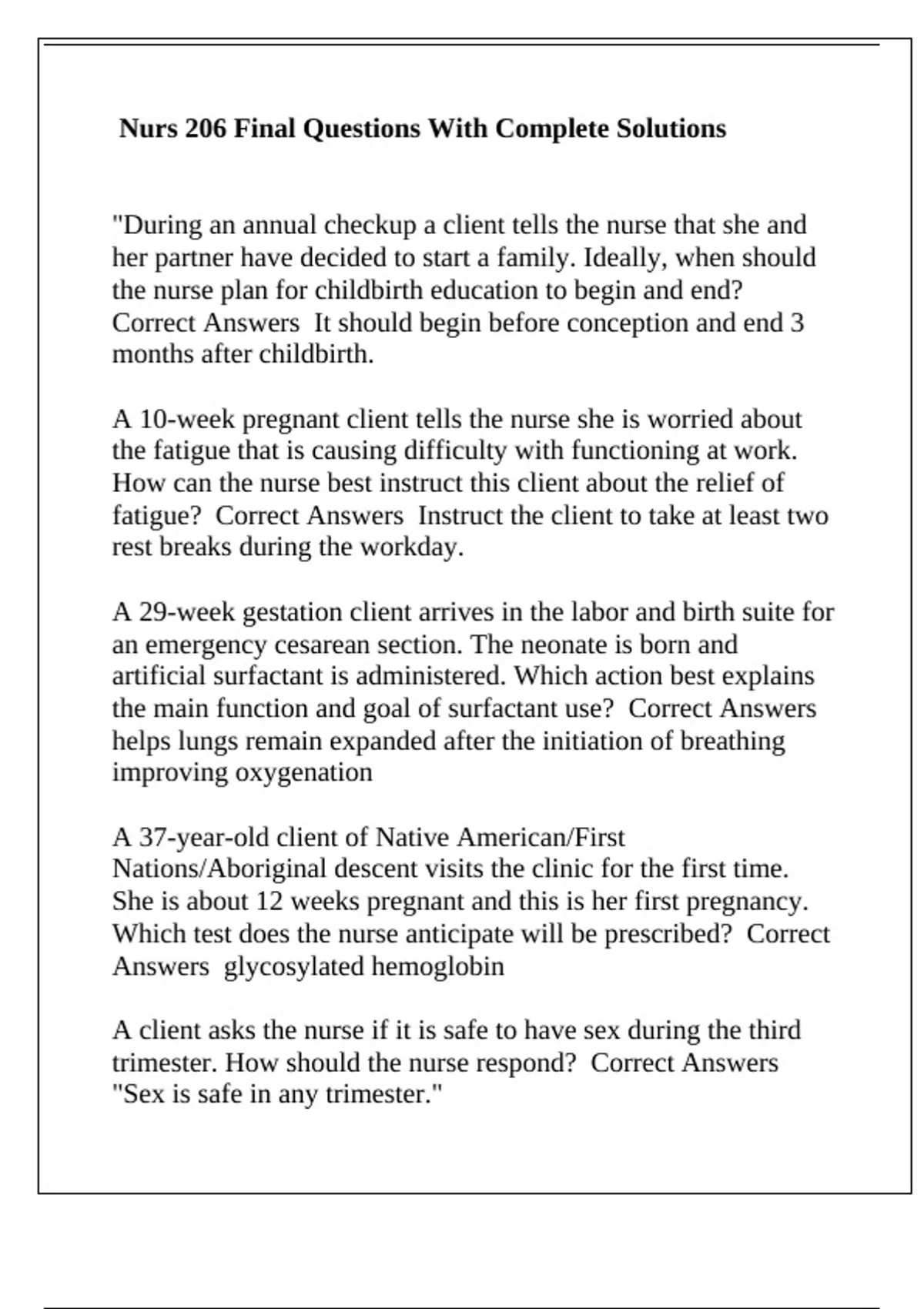 Nurs 206 Final Questions With Complete Solutions - Nurs 206 - Stuvia US