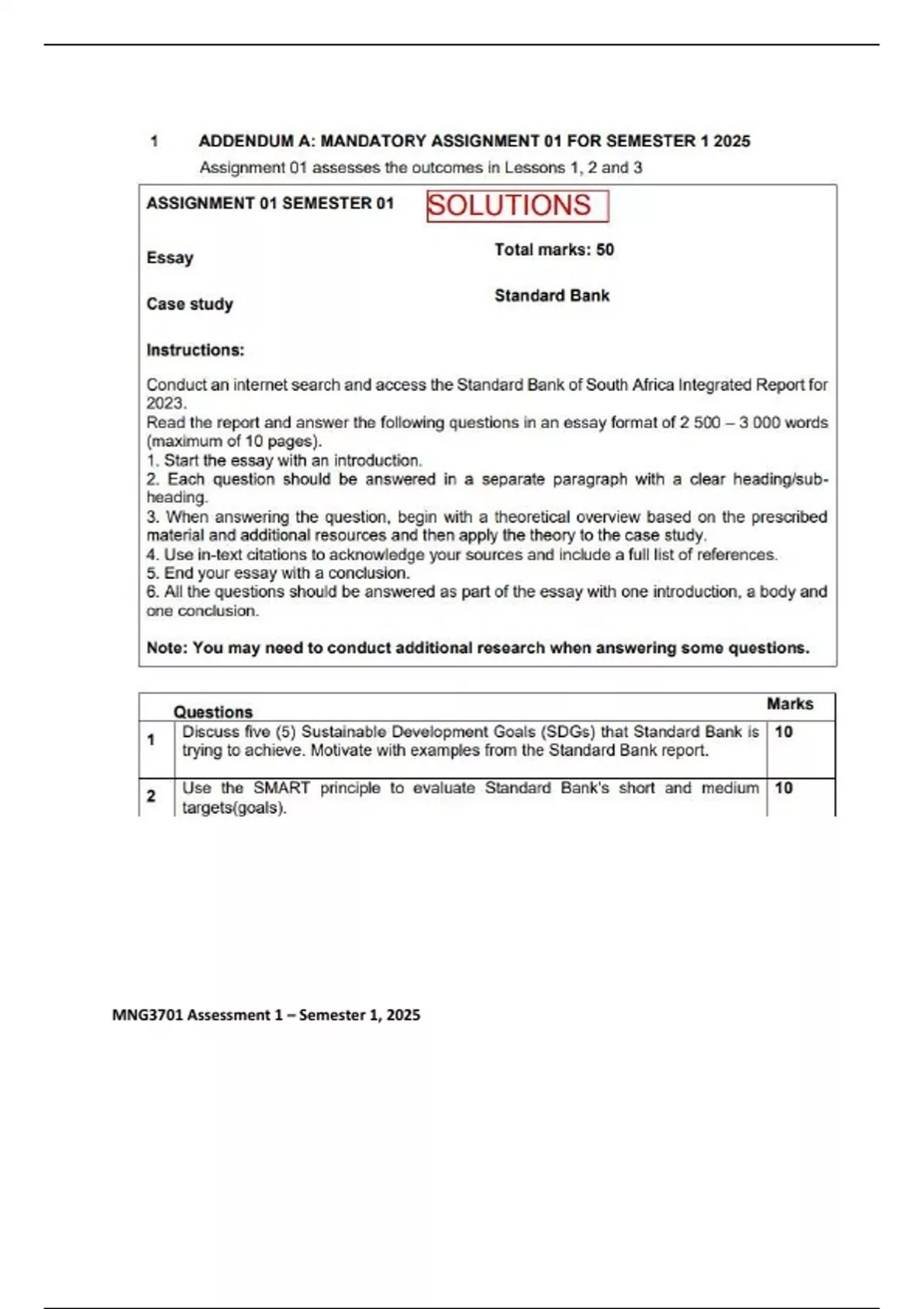 MNG3701 ASSESSMENT 1 SEM 1 OF 2025 EXPECTED ANSWERS - Strategic ...