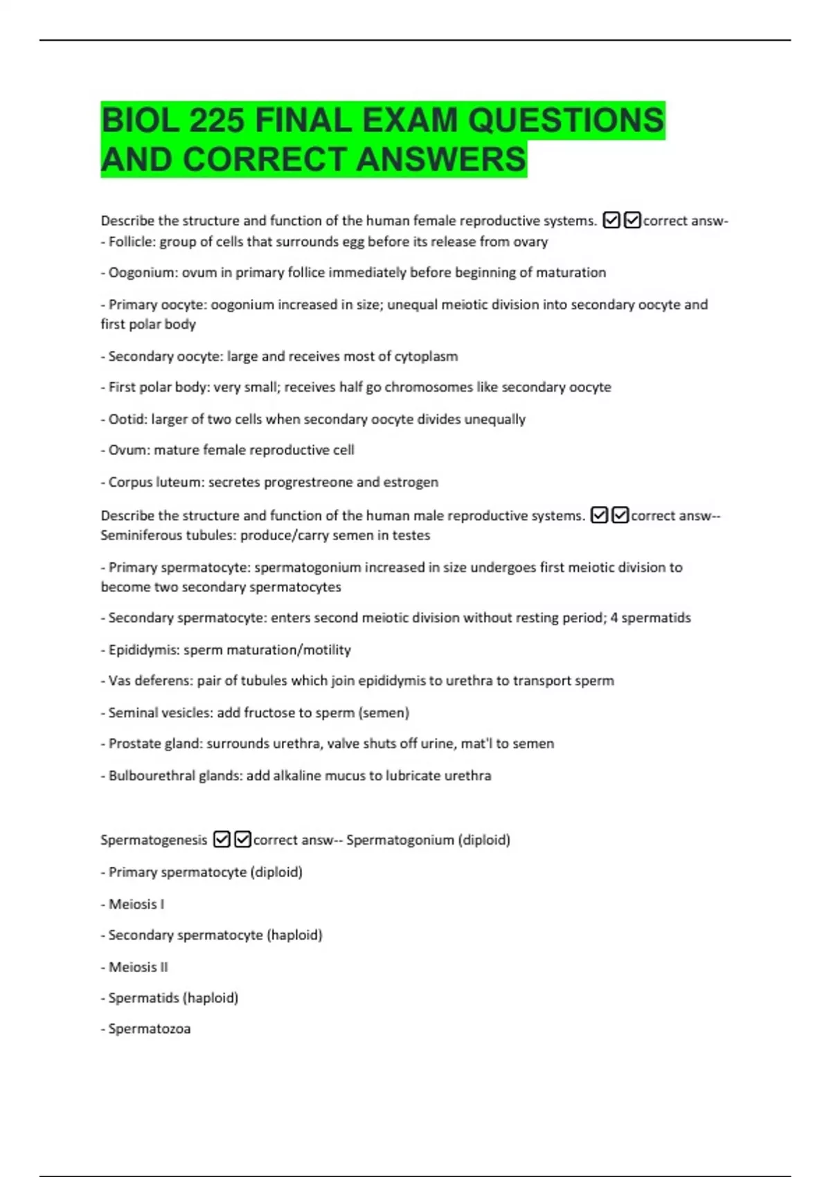 BIOL 225 FINAL EXAM QUESTIONS AND CORRECT ANSWERS - Bio 225 - Stuvia US
