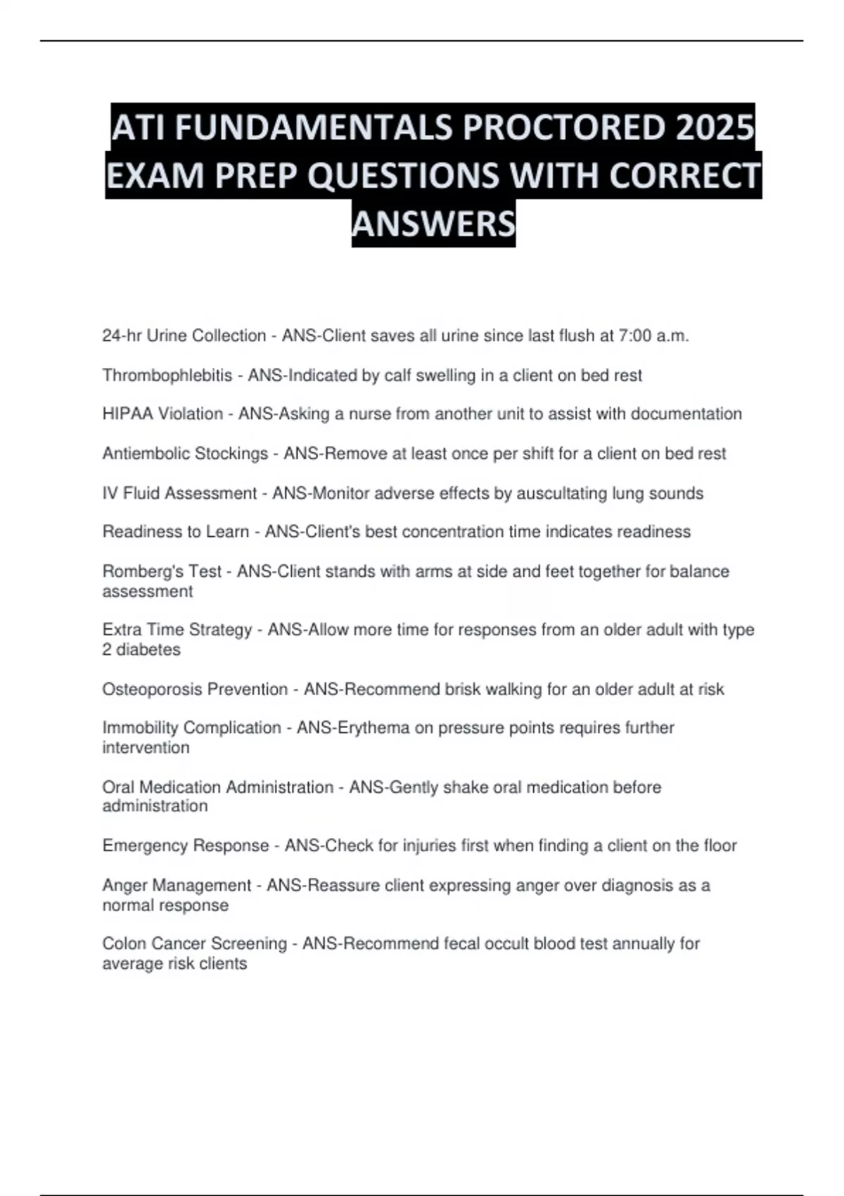 ATI FUNDAMENTALS PROCTORED 2025 EXAM PREP QUESTIONS WITH CORRECT ...