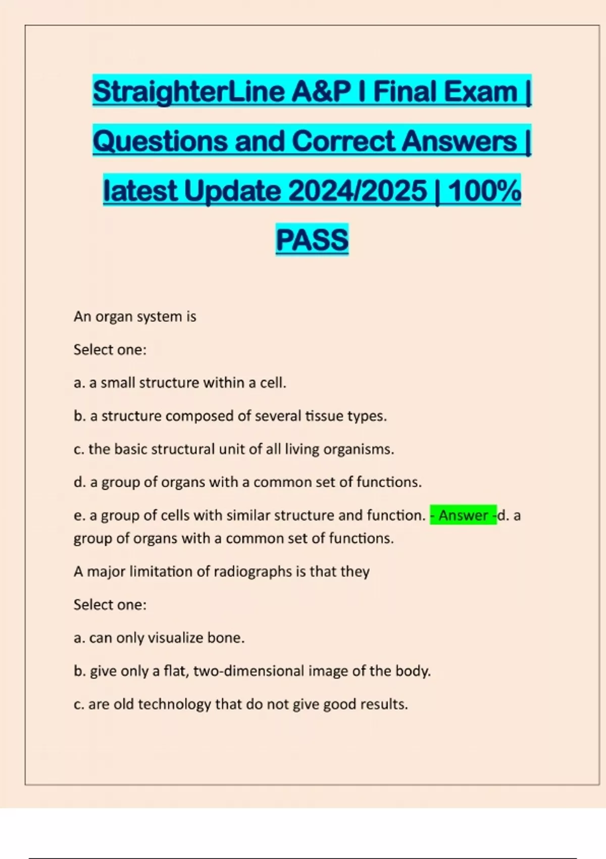 StraighterLine A&P I Final Exam | Questions and Correct Answers ...