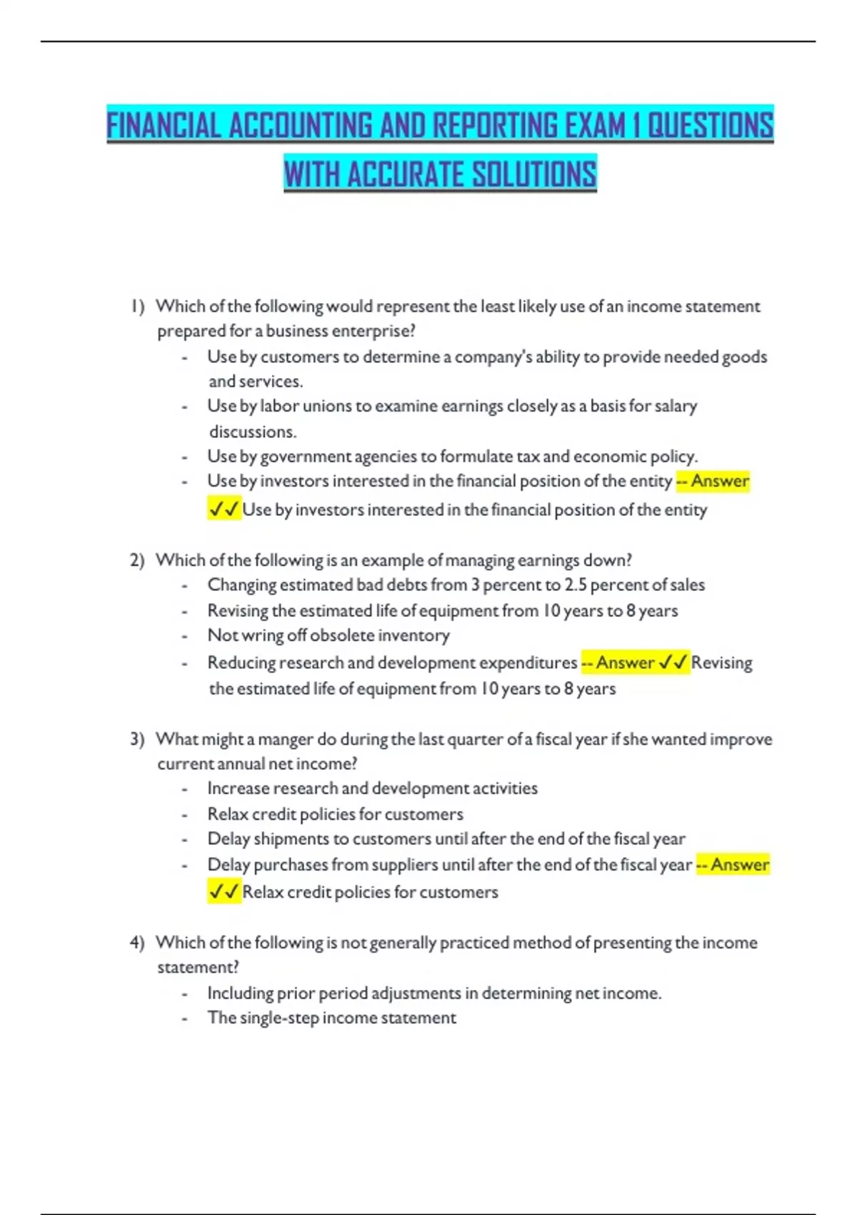 FINANCIAL ACCOUNTING AND REPORTING EXAM 1 QUESTIONS WITH ACCURATE ...