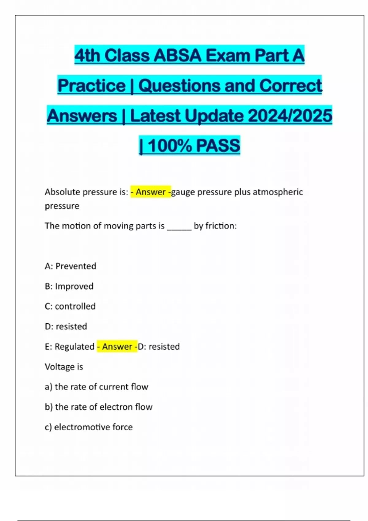 4th Class ABSA Exam Part A Practice | Questions and Correct Answers ...