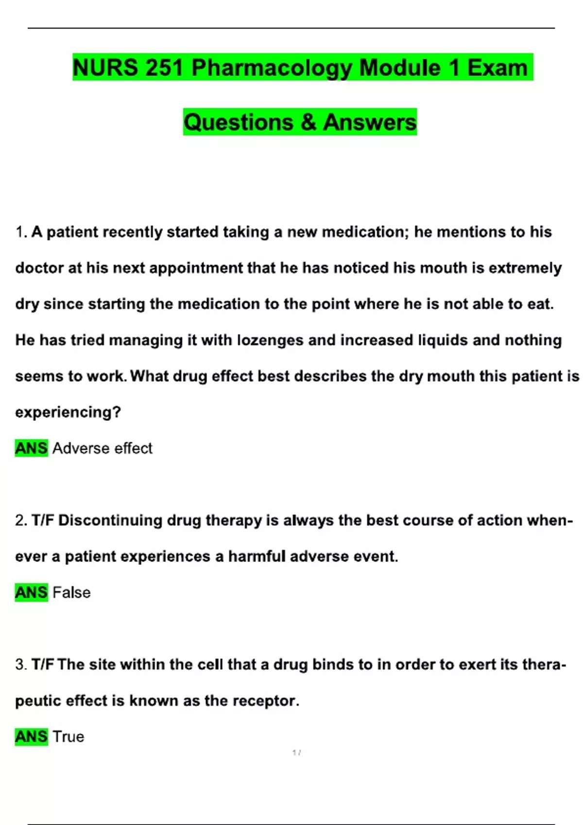 Pharmacology NURS 251 Module 1 Exam (2025 / 2026) portage learning ...