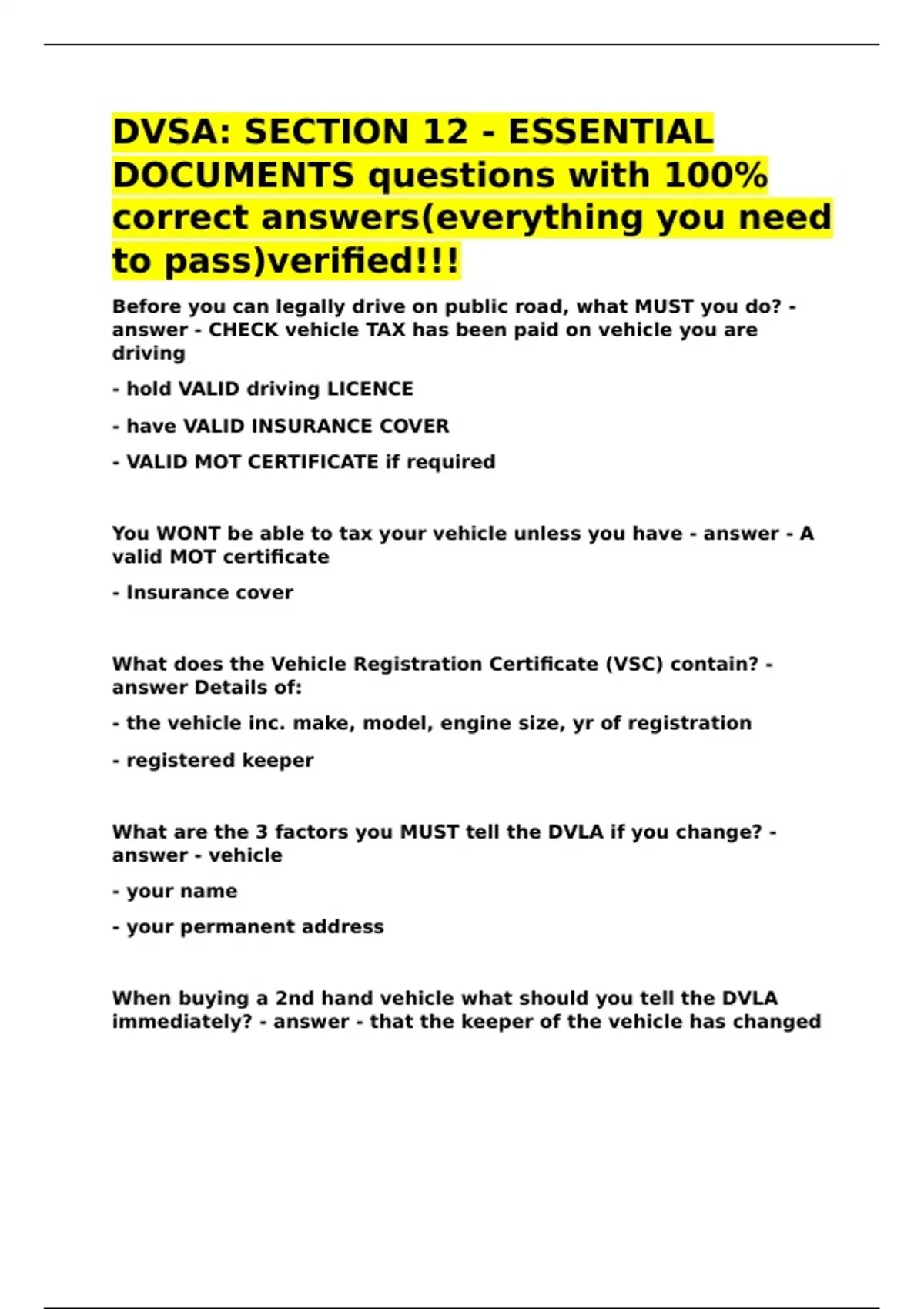 DVSA SECTION 12 - ESSENTIAL DOCUMENTS questions with 100- correct ...