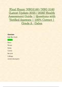 Final Exam&colon; NSG3160 &sol; NSG 3160 &lpar;Latest Update 2025 &sol; 2026&rpar; Health Assessment Guide &vert; Questions with Verified Answers &vert; 100&percnt; Correct &vert; Grade A - Galen
