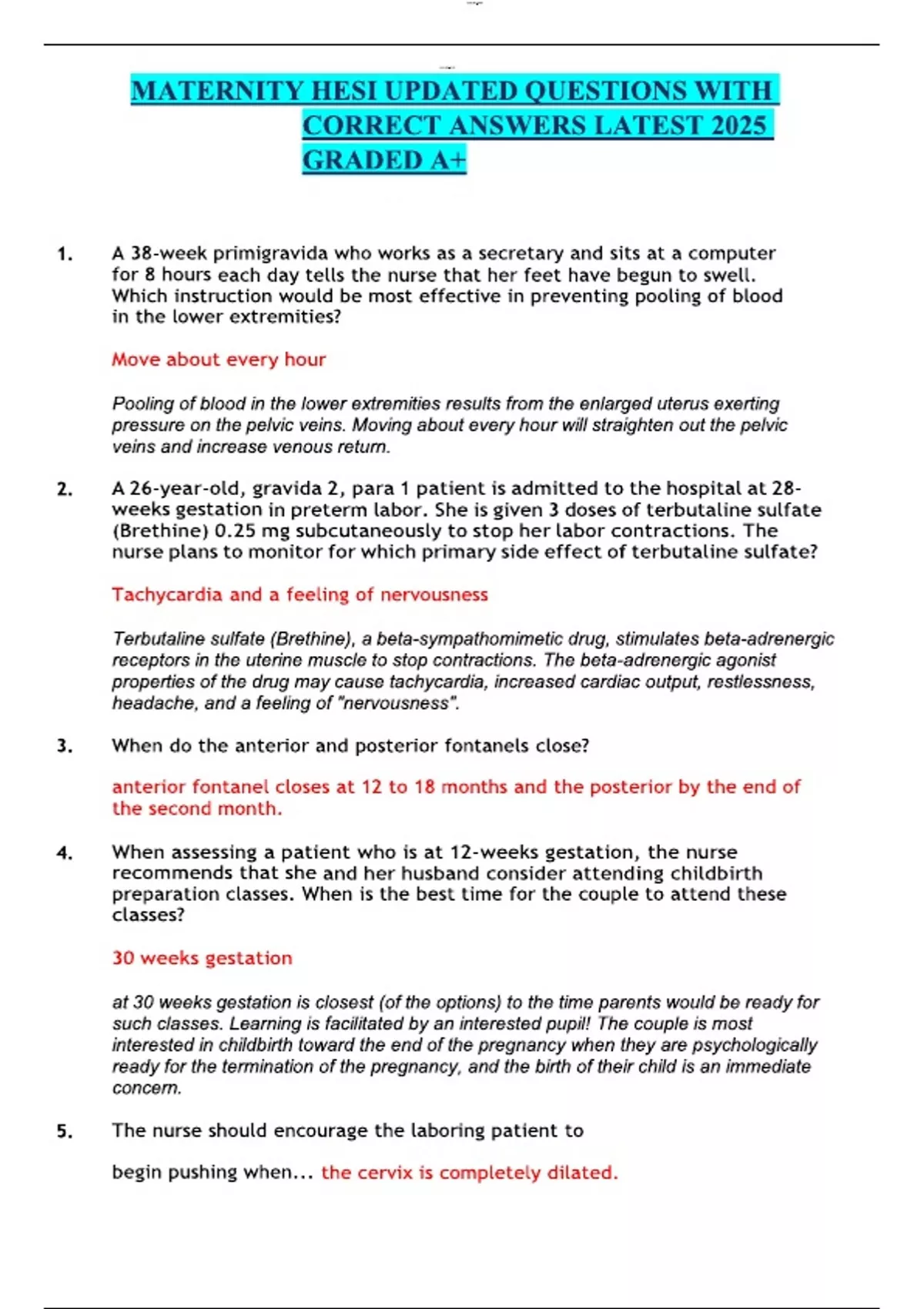MATERNITY HESI UPDATED QUESTIONS WITH CORRECT ANSWERS LATEST 2025 ...