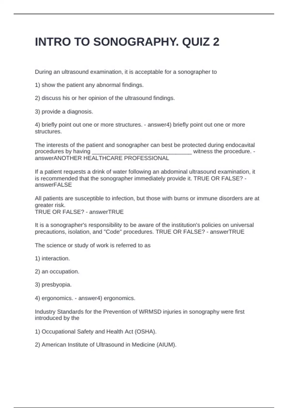 INTRO TO SONOGRAPHY. QUIZ 2. QUESTIONS AND ANSWERS - Sonography - Stuvia US