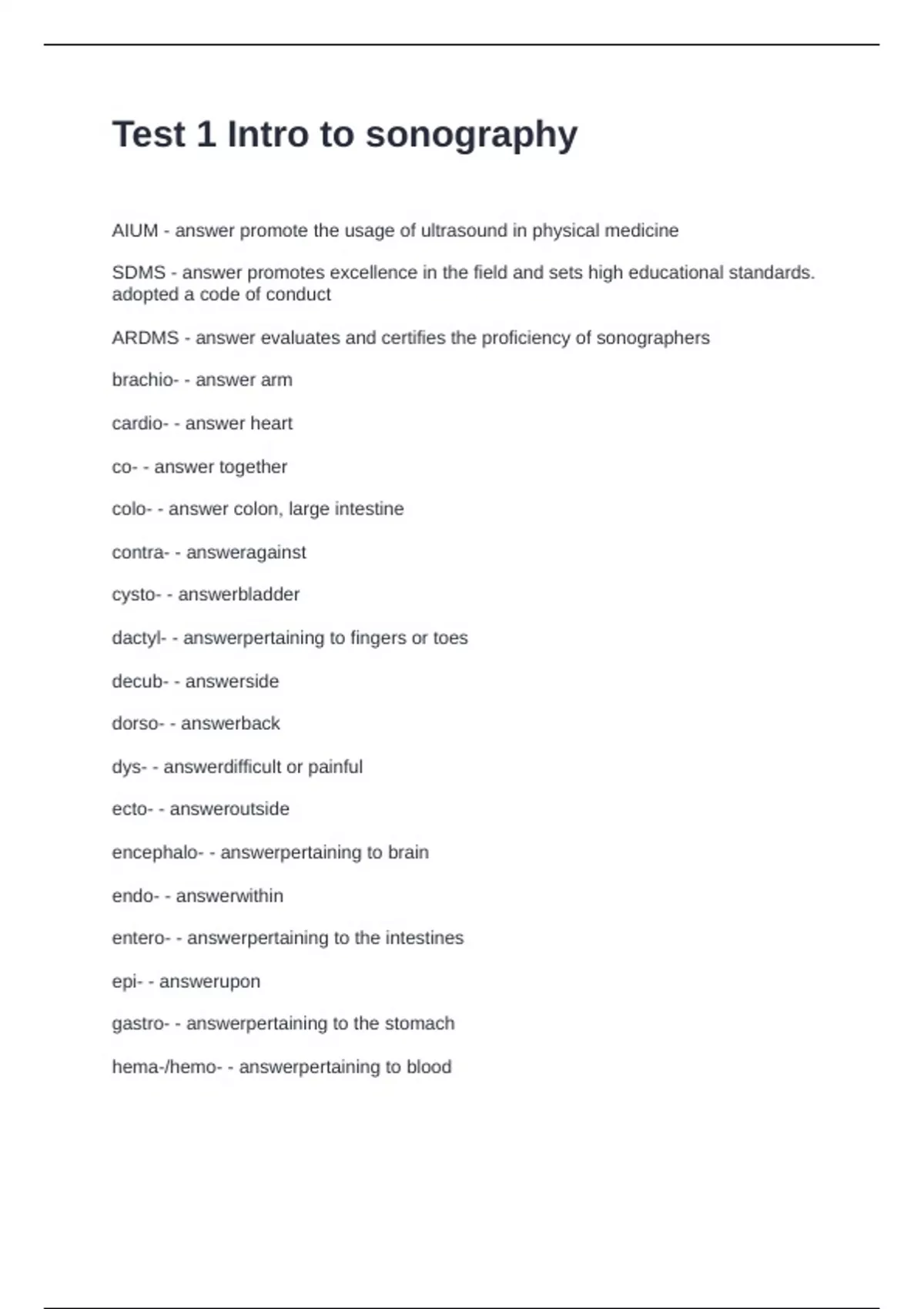 Test 1 Intro to sonography Questions and Answers - Sonography - Stuvia US