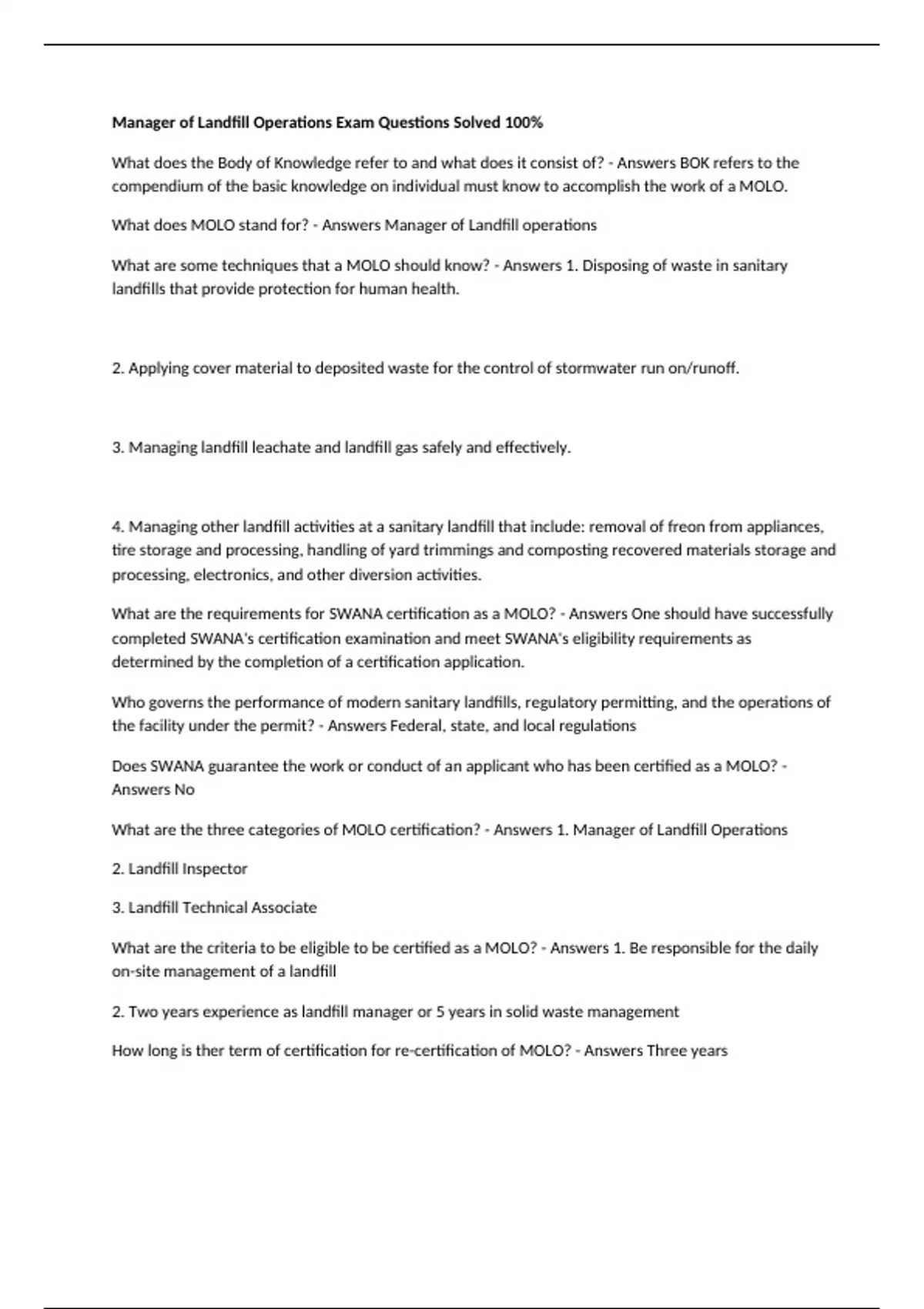 Manager of Landfill Operations Exam Questions Solved 100% - Landfill ...