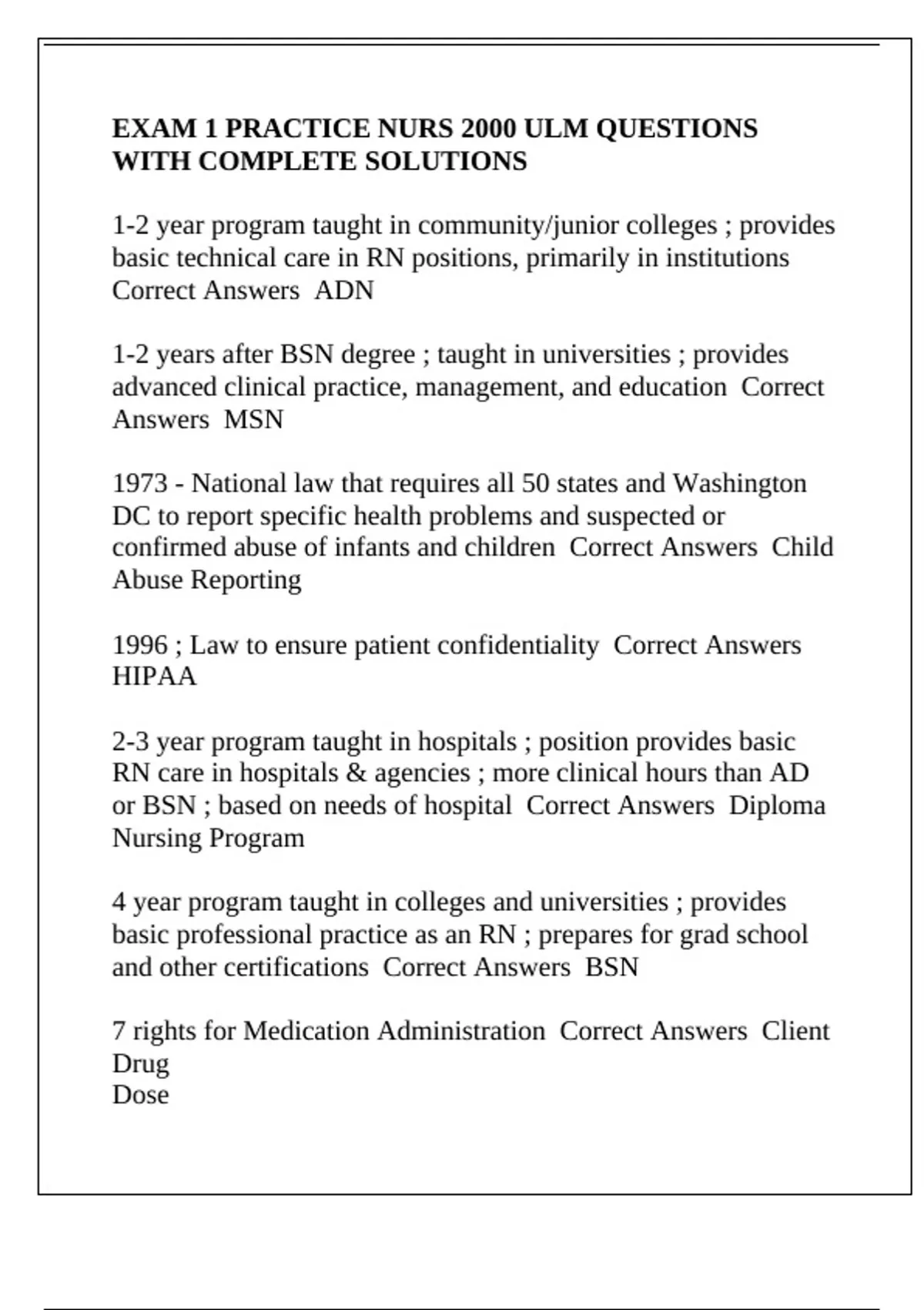 EXAM 1 PRACTICE NURS 2000 ULM QUESTIONS WITH COMPLETE SOLUTIONS - NURS ...