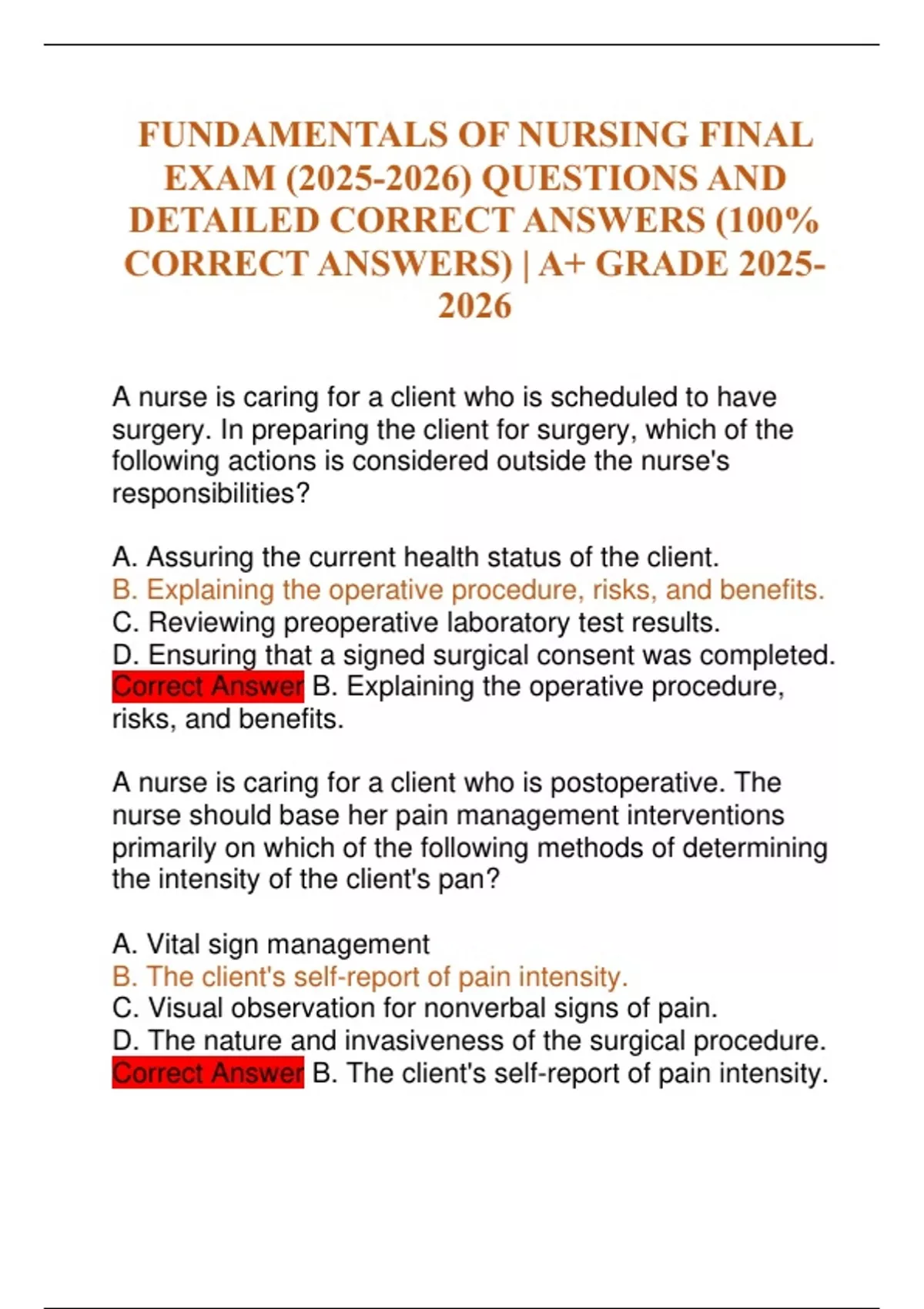 FUNDAMENTALS OF NURSING FINAL EXAM () QUESTIONS AND DETAILED CORRECT ...