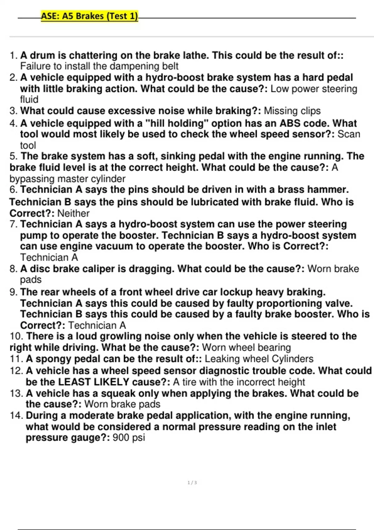 ASE Brakes A5 Test ( Exam 1 ), ASE A5 Brakes, ASE Brakes A5 ( Exam 2 ...