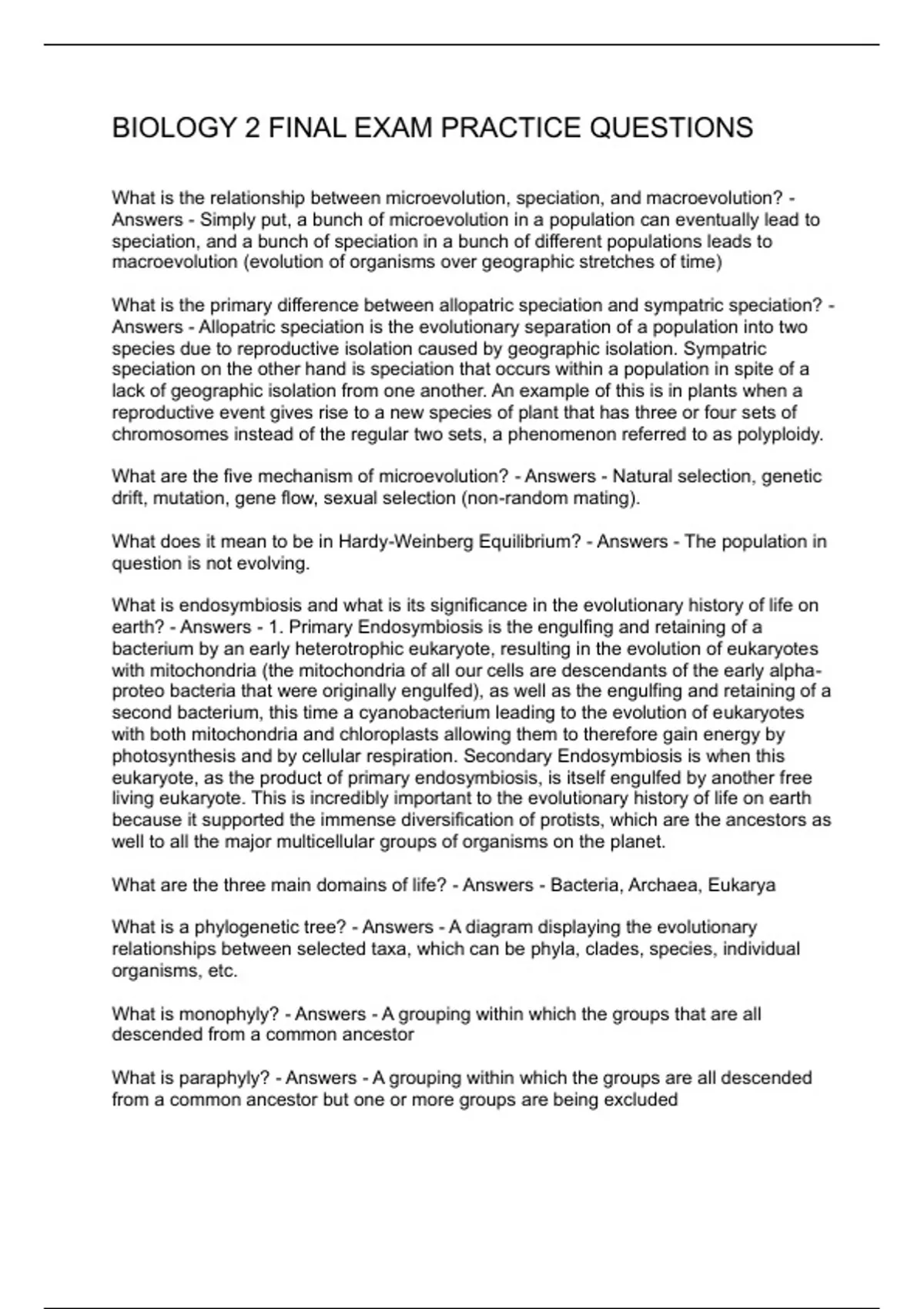 BIOLOGY 2 FINAL EXAM PRACTICE QUESTIONS - Biology - Stuvia US