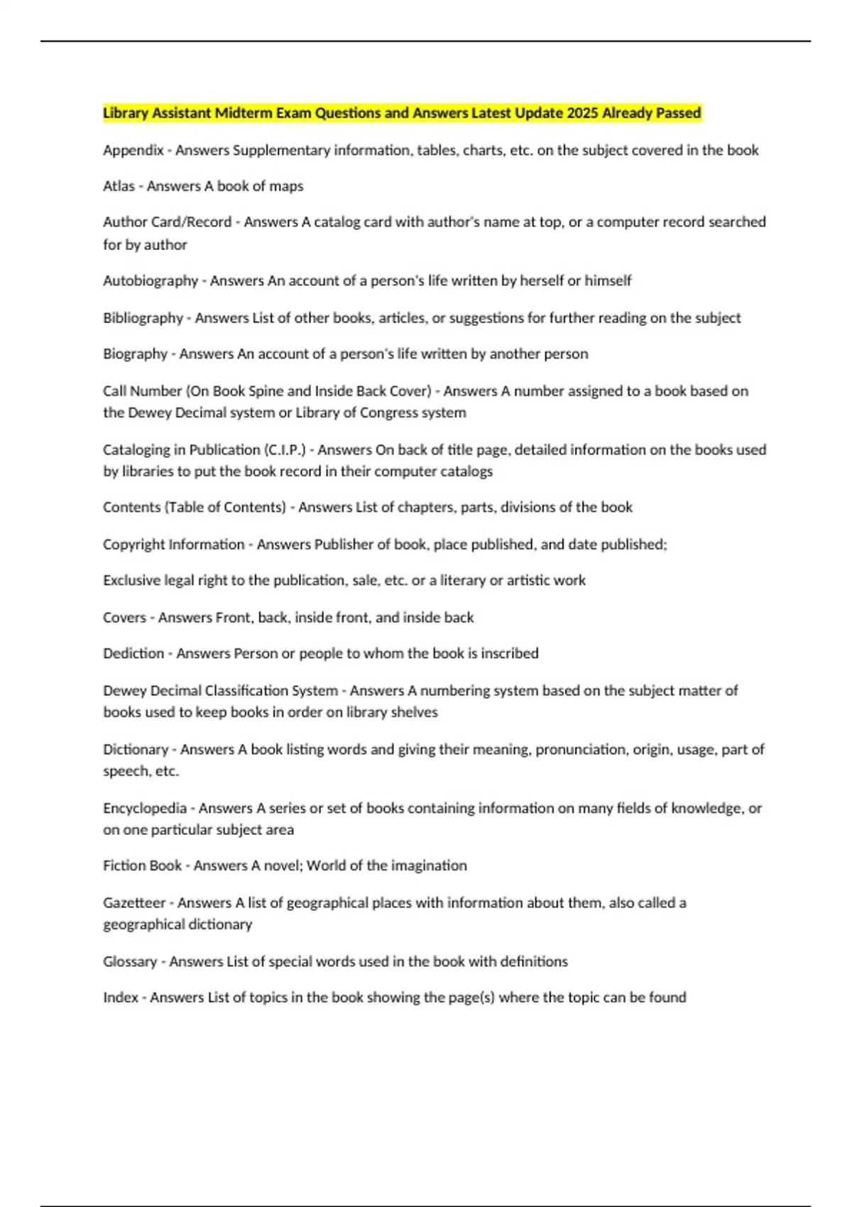 Library Assistant Midterm Exam Questions and Answers Latest Update 2025 ...