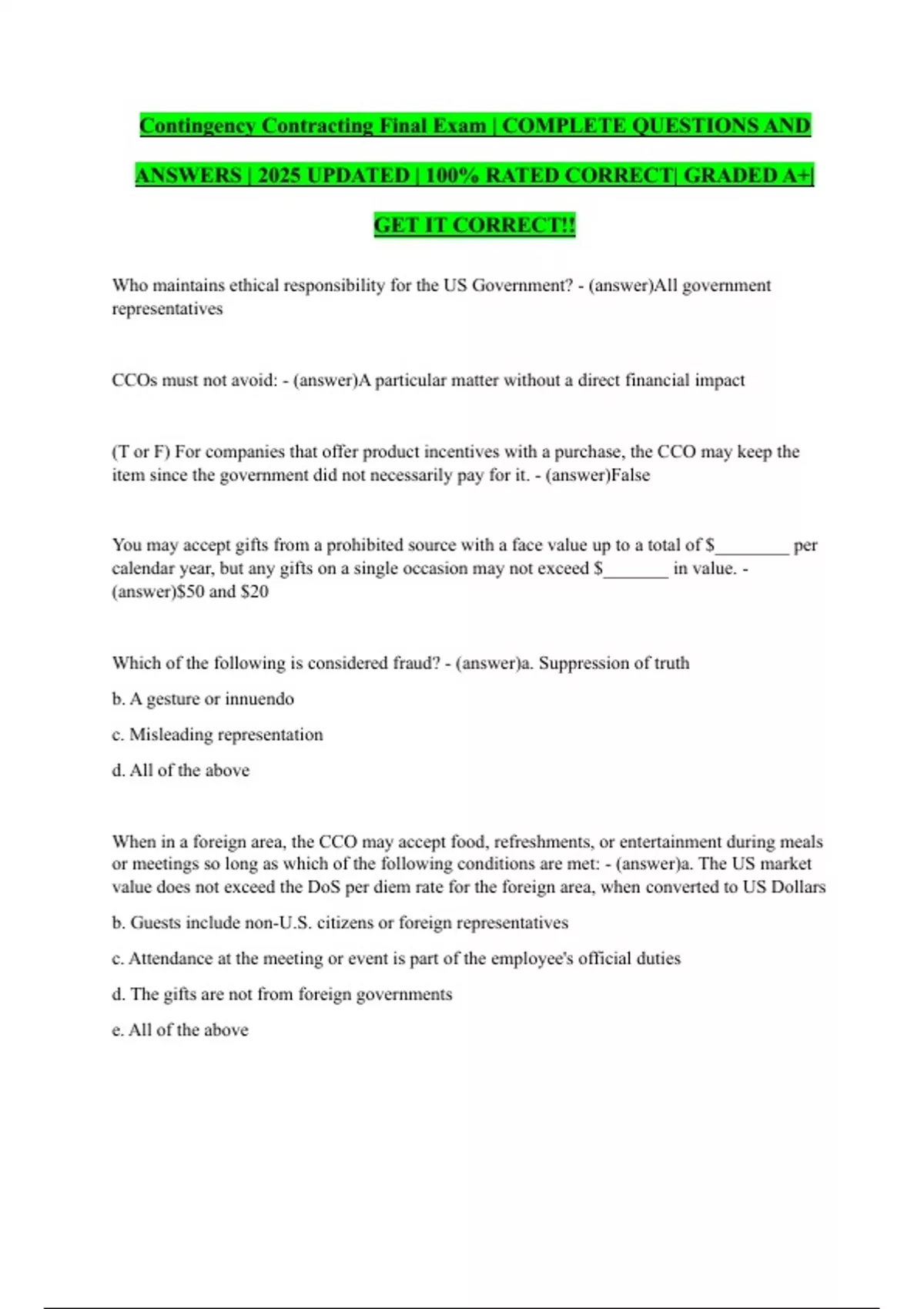 Contingency Contracting Final Exam | COMPLETE QUESTIONS AND ANSWERS ...