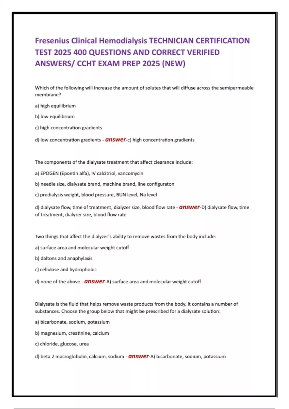 Fresenius Clinical Hemodialysis TECHNICIAN CERTIFICATION TEST 2025 400 ...