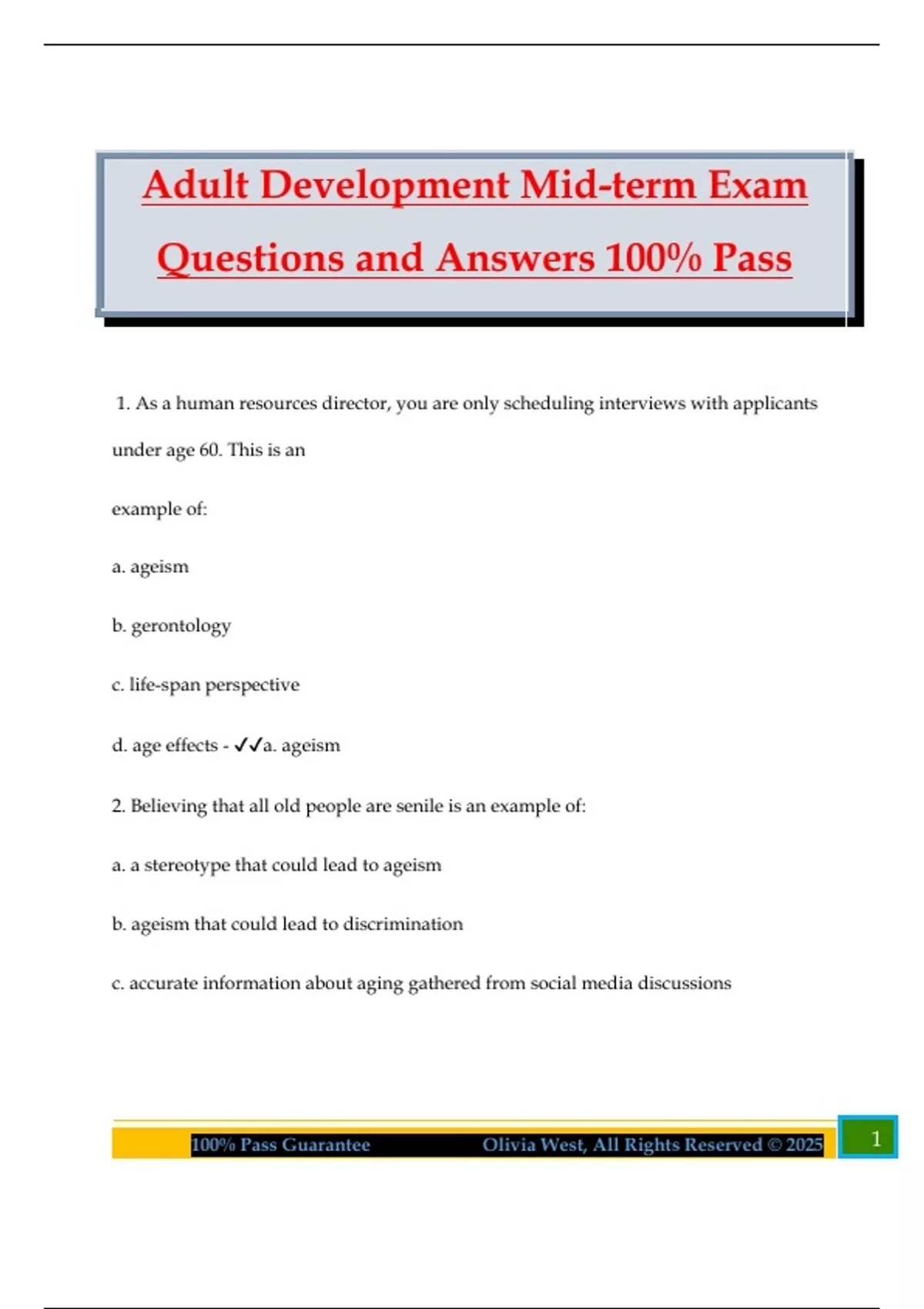 Adult Development Mid-term Exam Questions and Answers 100% Pass - Adult ...
