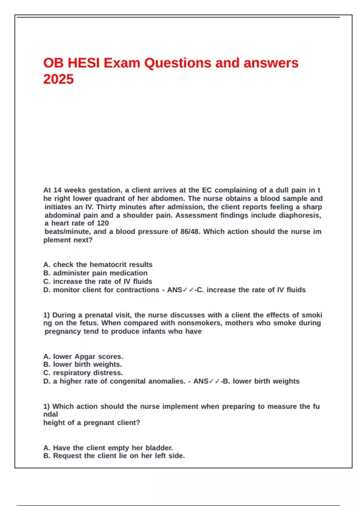 OB HESI Exam Questions and answers 2025. - OB HESI - Stuvia US