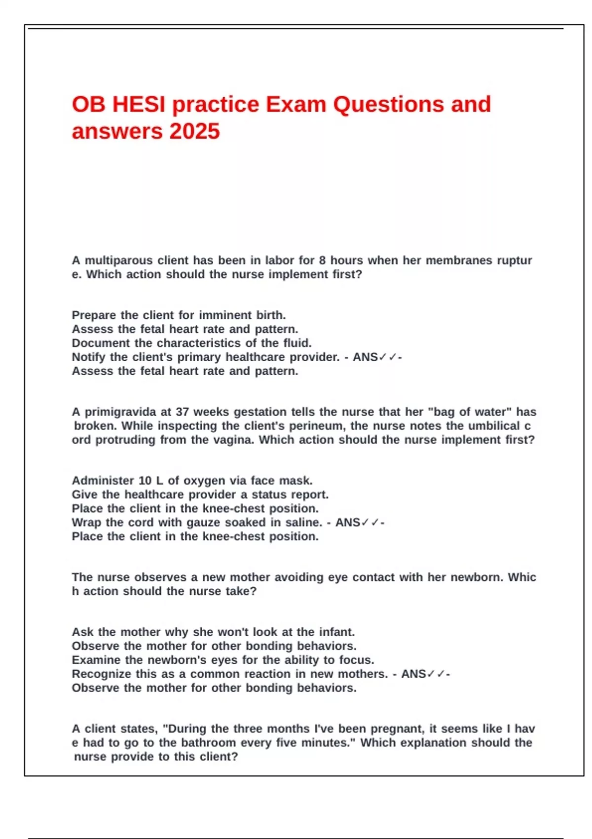 OB HESI practice Exam Questions and answers 2025. - OB HESI - Stuvia US
