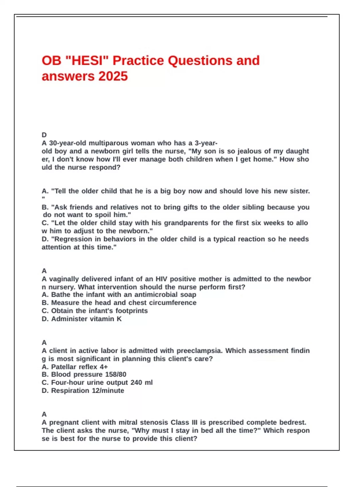 OB HESI Practice Questions and answers 2025 - OB HESI - Stuvia US