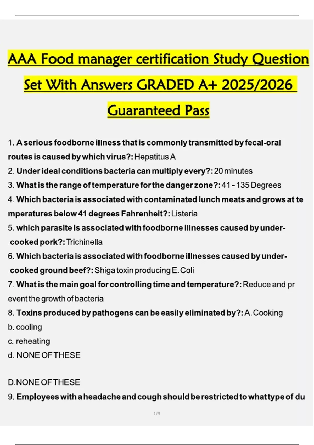 AAA Food Handler Exam Multiple Choice Complete Question Set With ...