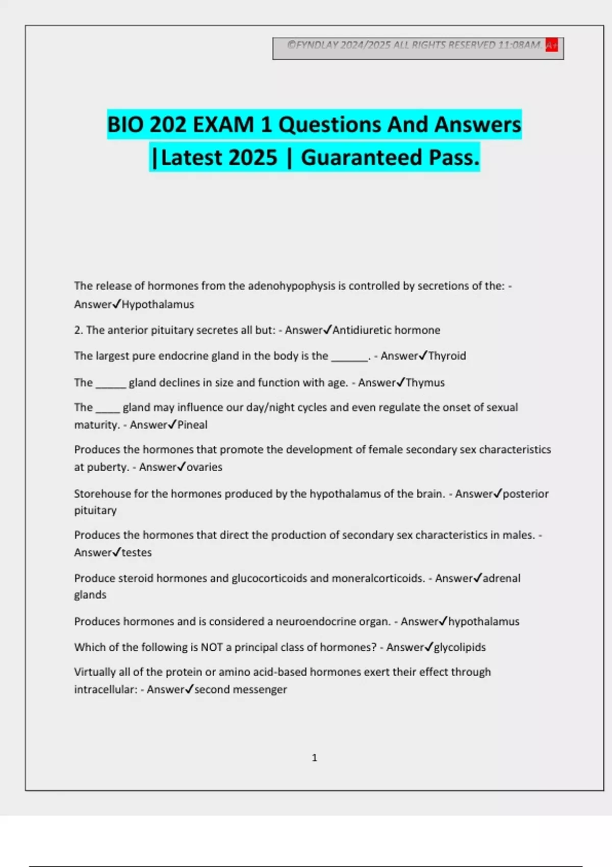 Bio 202 Exam 1 Questions And Answers Latest 2025 Guaranteed Pass