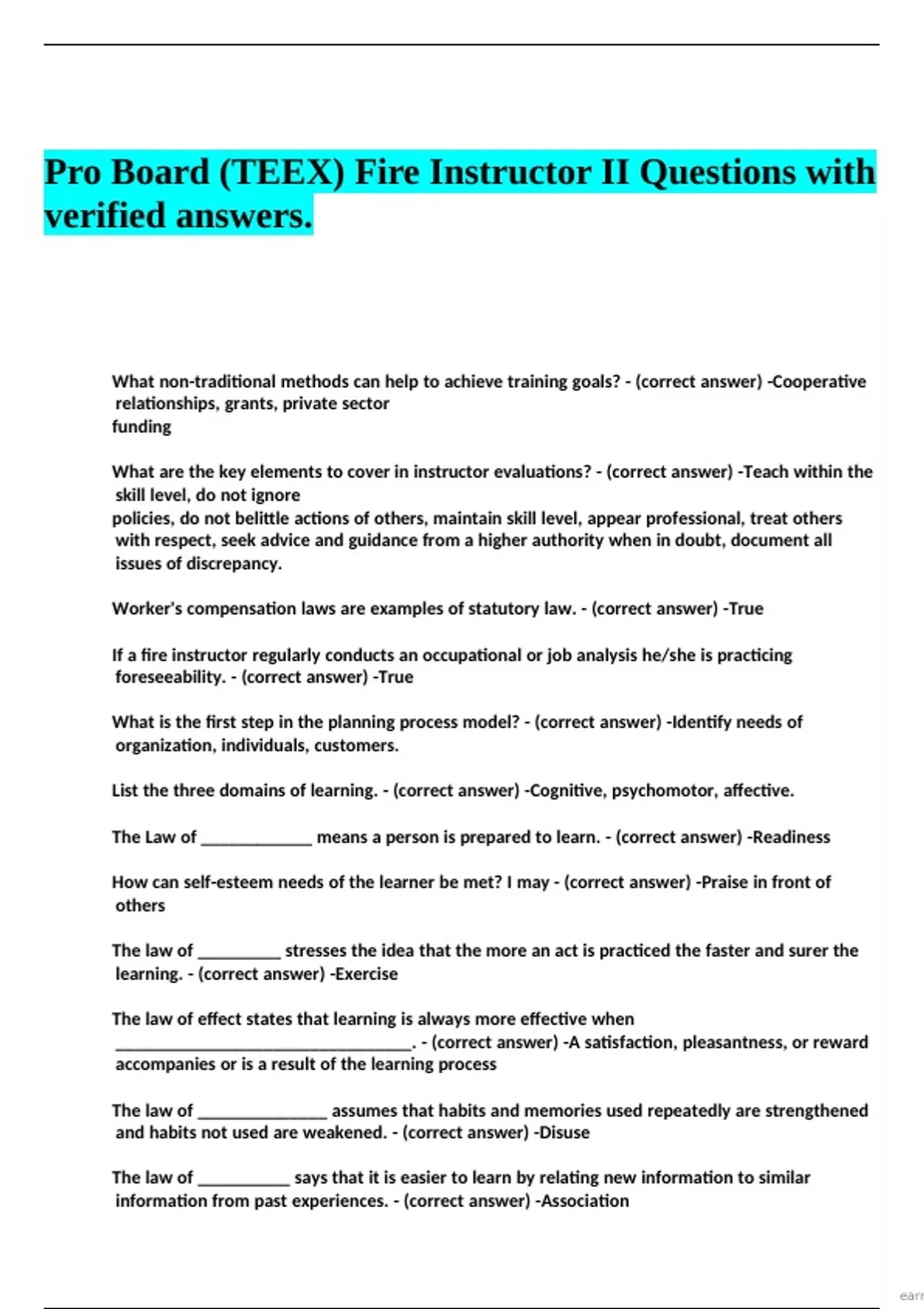 Fire Instructor Ii Practical Examples Pro Board (TEEX) Fire Instructor II Questions with verified answers ...