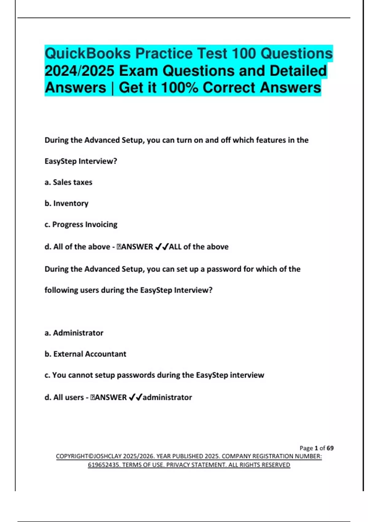 Quickbooks Practice Set QuickBooks Practice Test 100 Questions 2024/2025 Exam Questions and ...