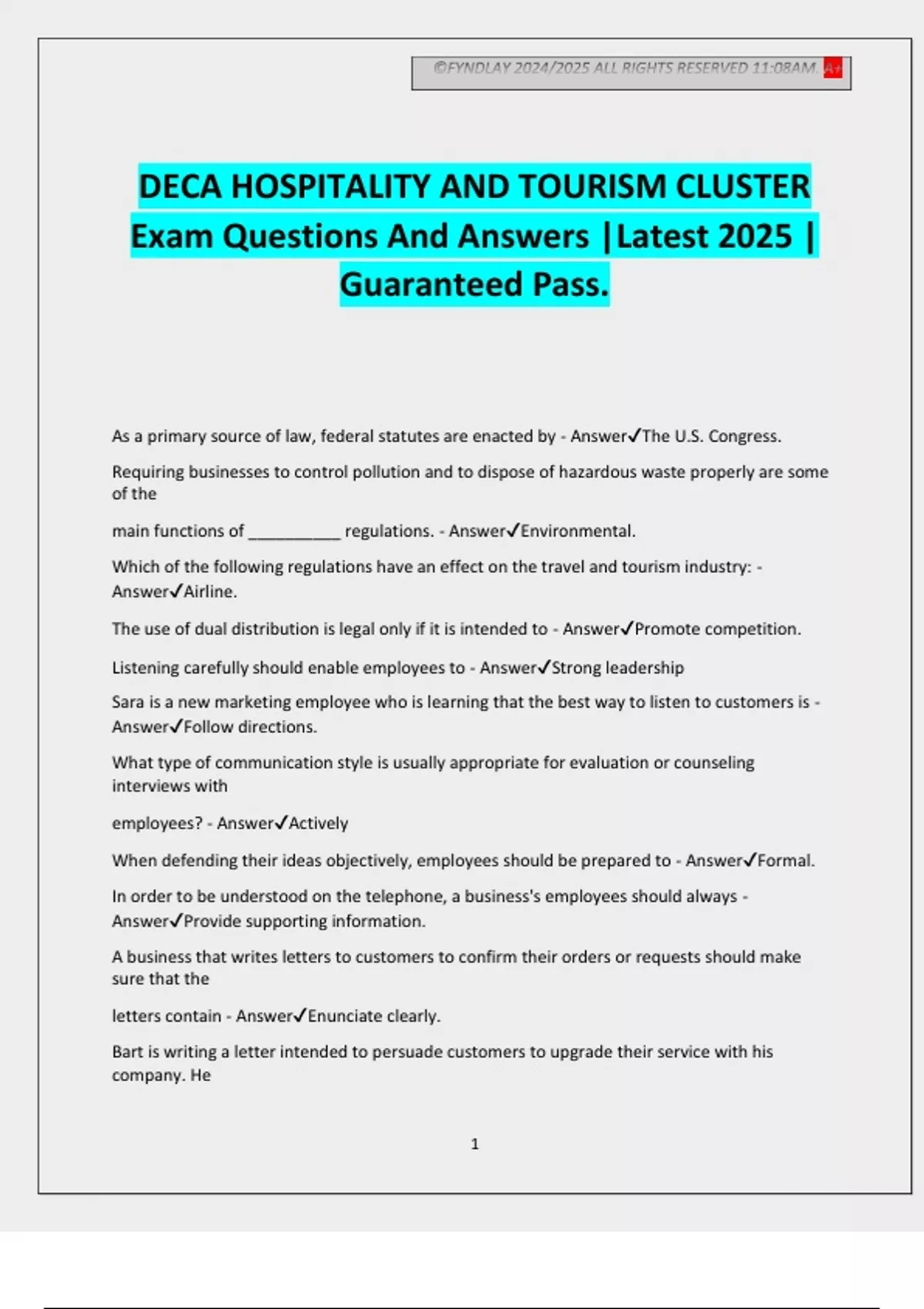 DECA HOSPITALITY AND TOURISM CLUSTER Exam Questions And Answers |Latest ...